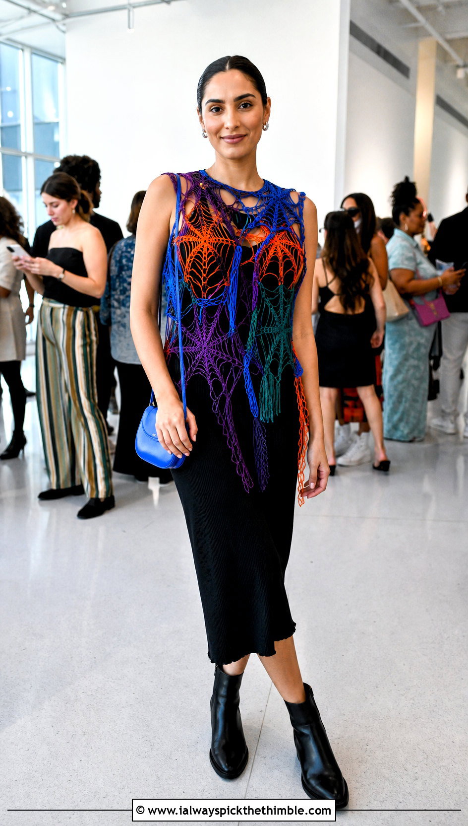 Multicolor Cobweb Top With Black Midi Dress - 20 Crochet Cobweb Top outfit ideas