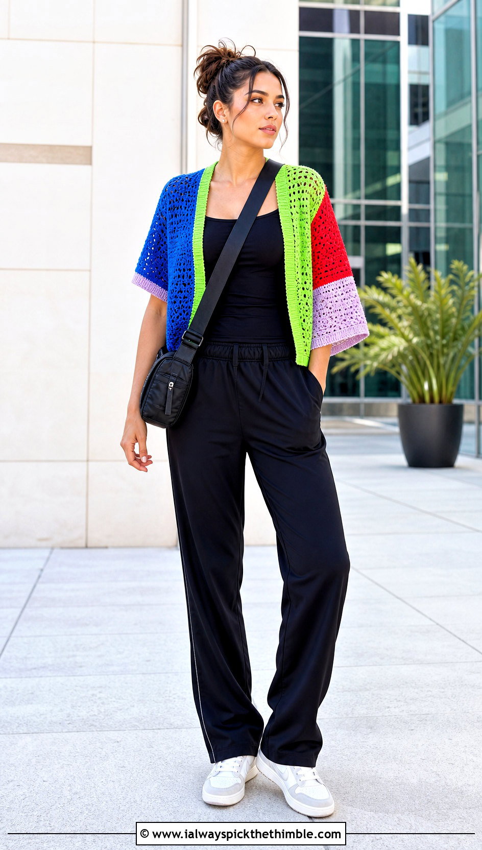 Multicolor Color Block Crochet Top With Track Pants - 25 multicolor crochet top outfit ideas