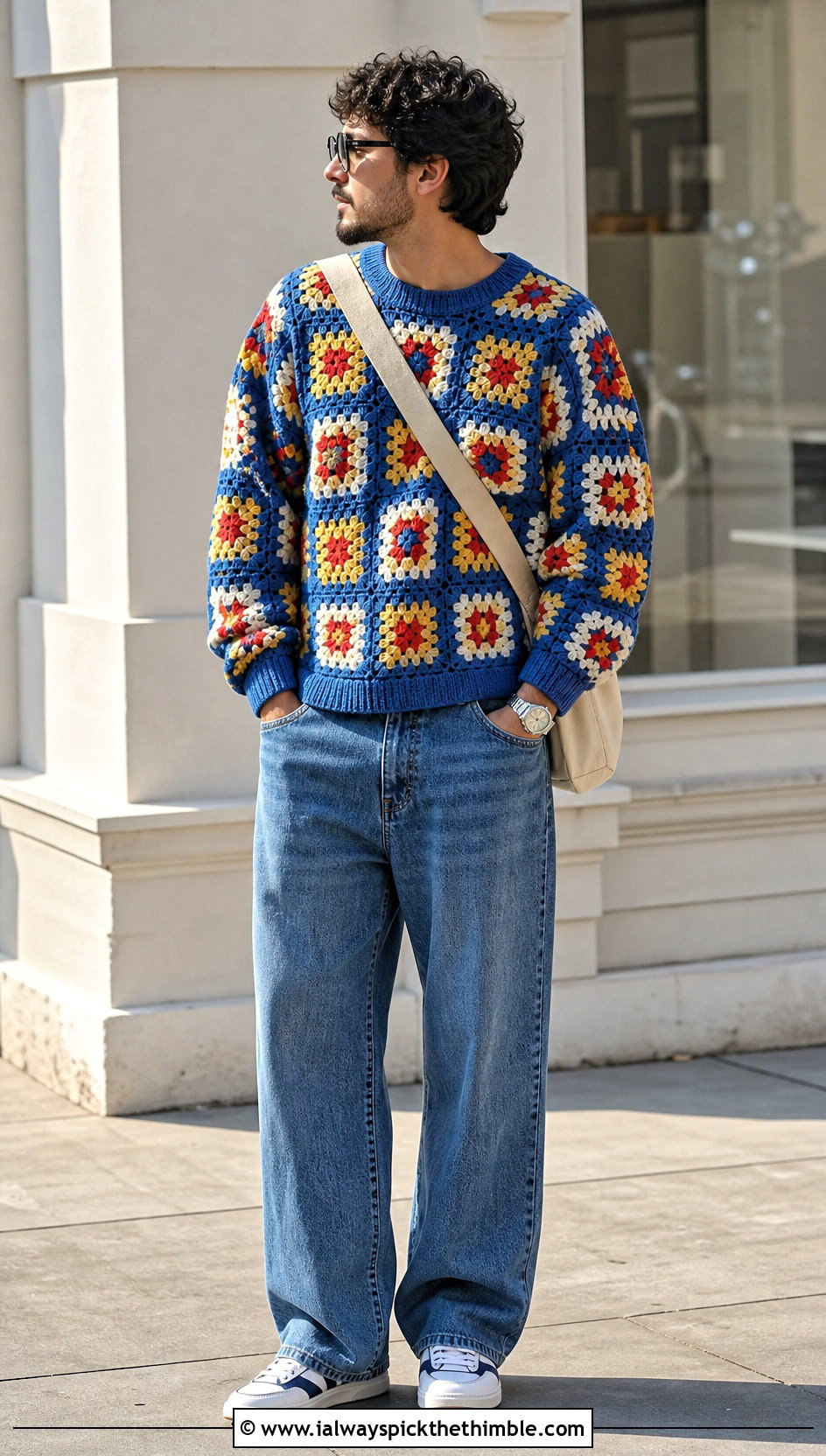 Multicolor Crewneck Granny Square Sweater With Wide Leg Jeans - 20 Crochet Granny Square Sweater For Men outfit ideas