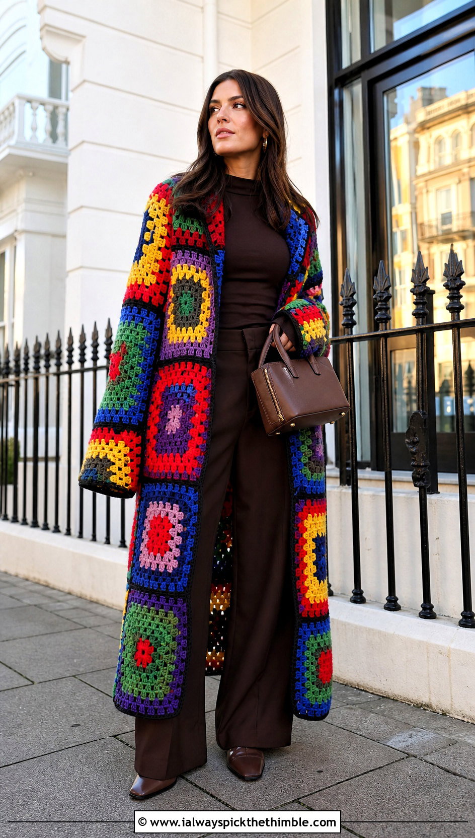 Multicolor Crochet Blanket Coat With Monochrome Outfit - 20 crochet blanket jacket outfit ideas