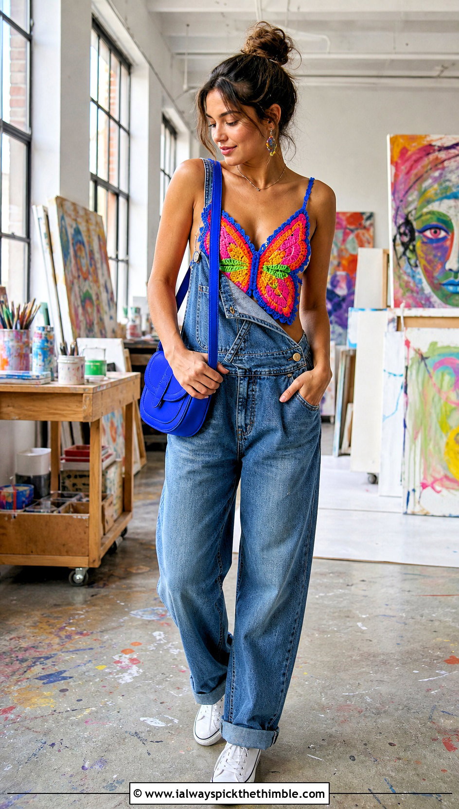 Multicolor Crochet Butterfly Top With Denim Overalls - 20 crochet butterfly tops outfit ideas