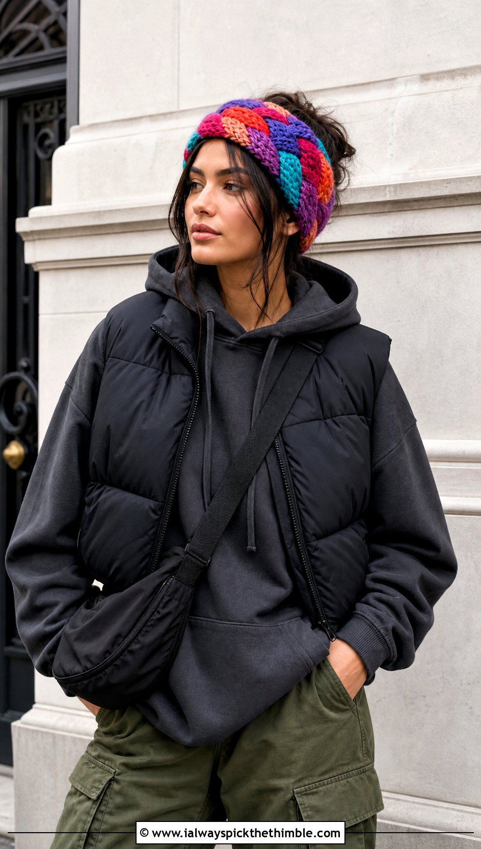 Multicolor Crochet Cable Headband With Hoodie And Cargo Pants - 20 crochet cable headband outfit ideas