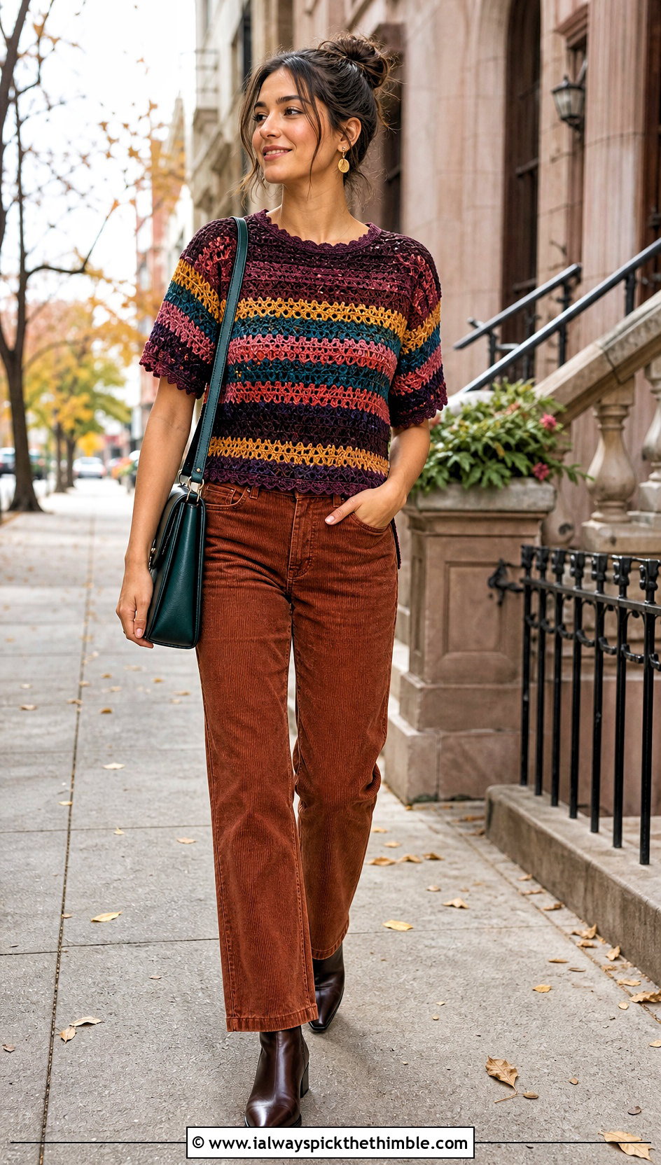 Multicolor Crochet Cleo Top With Corduroy Pants - 20 crochet cleo top outfit ideas