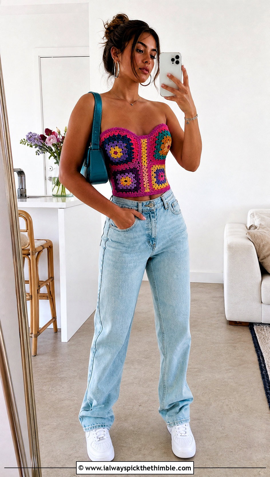 Multicolor Crochet Corset Top With Relaxed Jeans - 25 multicolor crochet top outfit ideas
