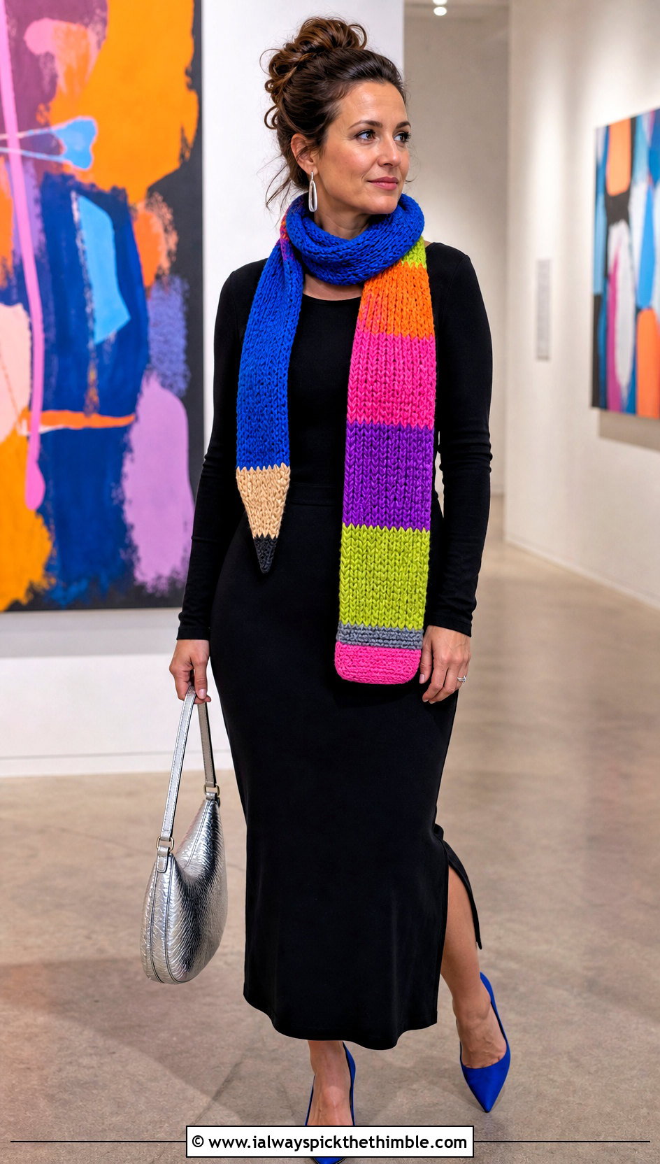 Multicolor Crochet Pencil Scarf With Black Dress - 20 Crochet Pencil Scarf outfit ideas