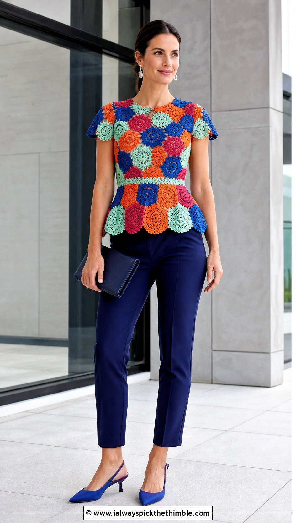 Multicolor Crochet Peplum Top With Slim Trousers - 25 multicolor crochet top outfit ideas