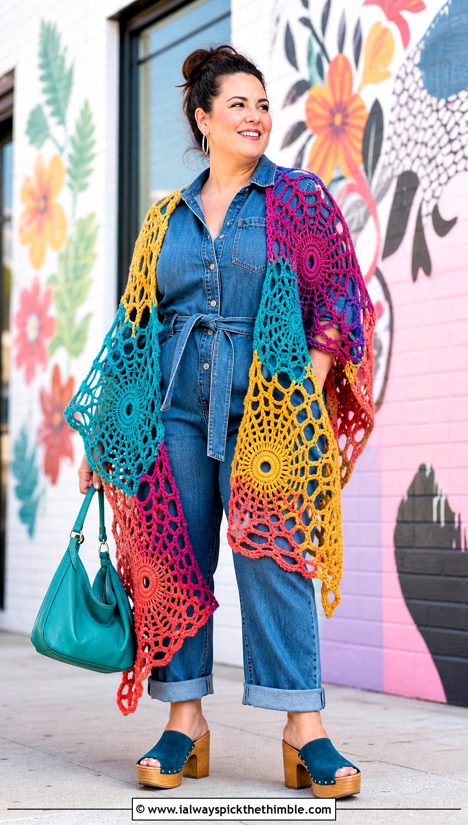 Multicolor Crochet Spiderweb Shawl With Denim Jumpsuit - 20 Crochet Spiderweb Shawl outfit ideas