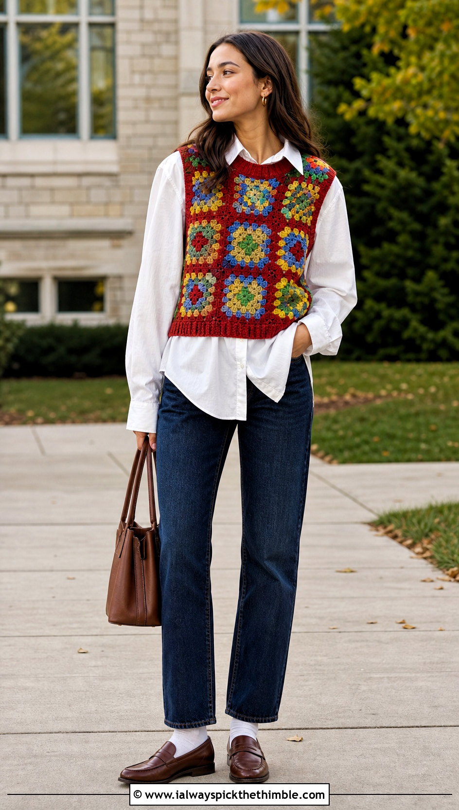 Multicolor Crochet Sweater Vest With Button Down Shirt - 25 multicolor crochet top outfit ideas