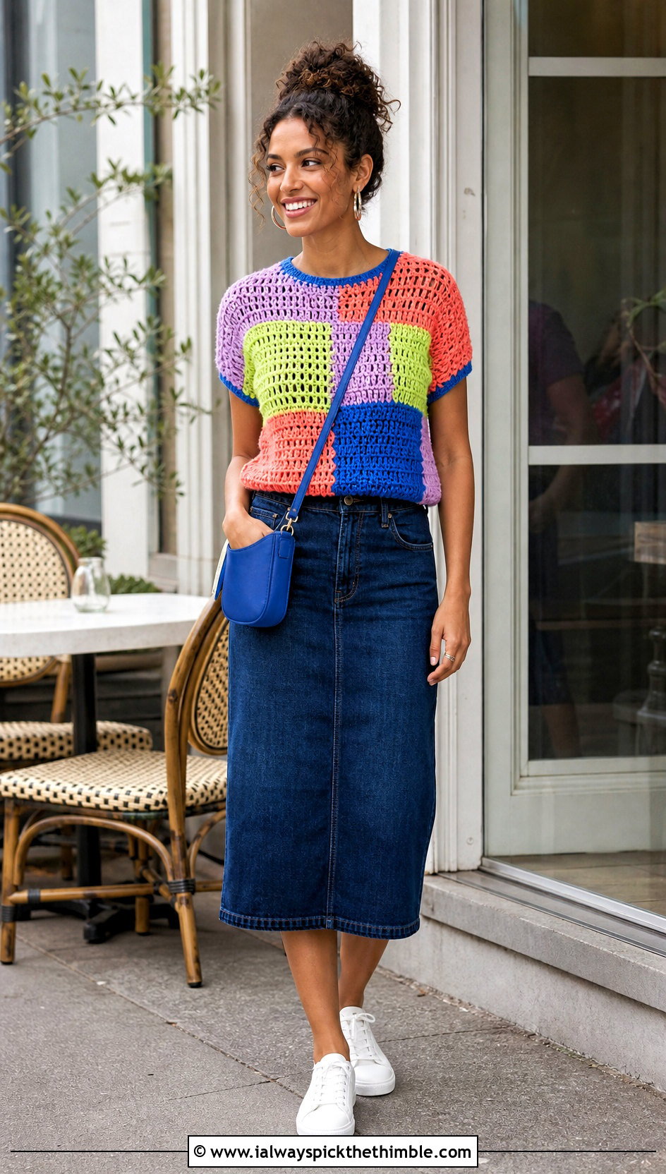 Multicolor Crochet T Shirt With Denim Midi Skirt - 25 multicolor crochet top outfit ideas