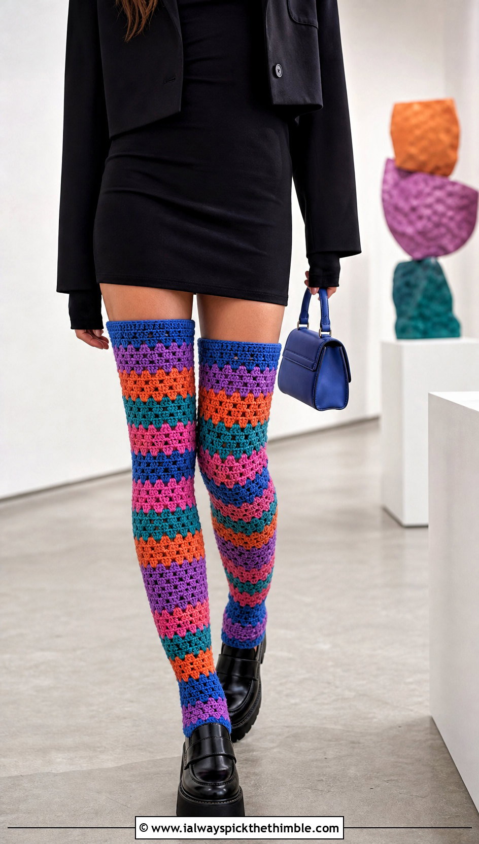 Multicolor Crochet Thigh High Socks With Minimal Black Dress - 25 crochet thigh high socks outfit ideas