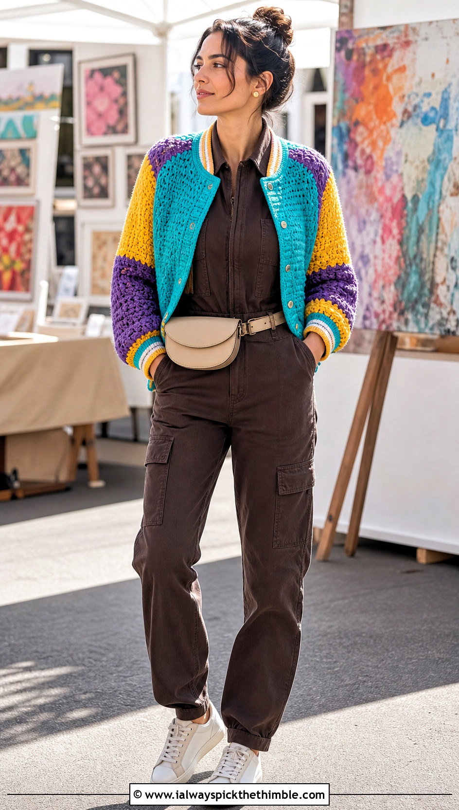 Multicolor Crochet Varsity Jacket With Utility Jumpsuit - 25 crochet varsity jacket outfit ideas