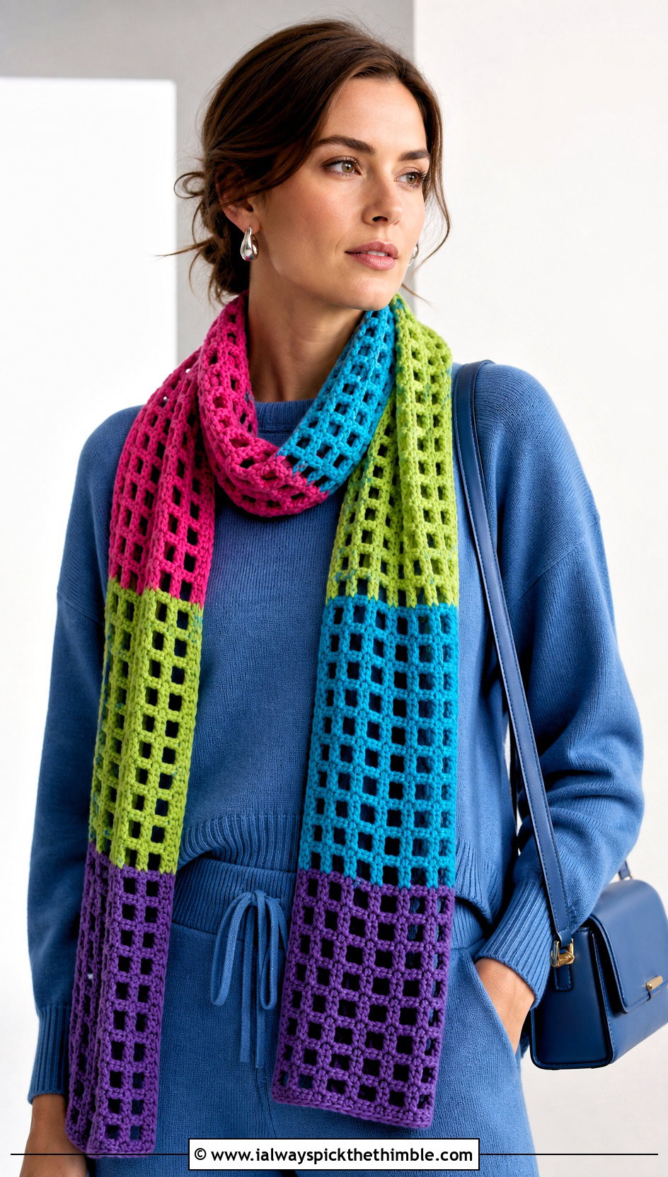 Multicolor Crochet Windowpane Scarf With Monochrome Knit Set - 15 crochet windowpane scarf outfit ideas