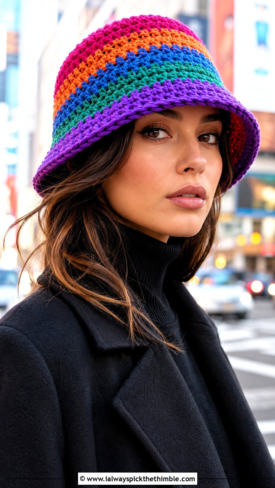 Multicolor Crochet Winter Bucket Hat With Black Coat - 25 crochet winter bucket hat outfit ideas