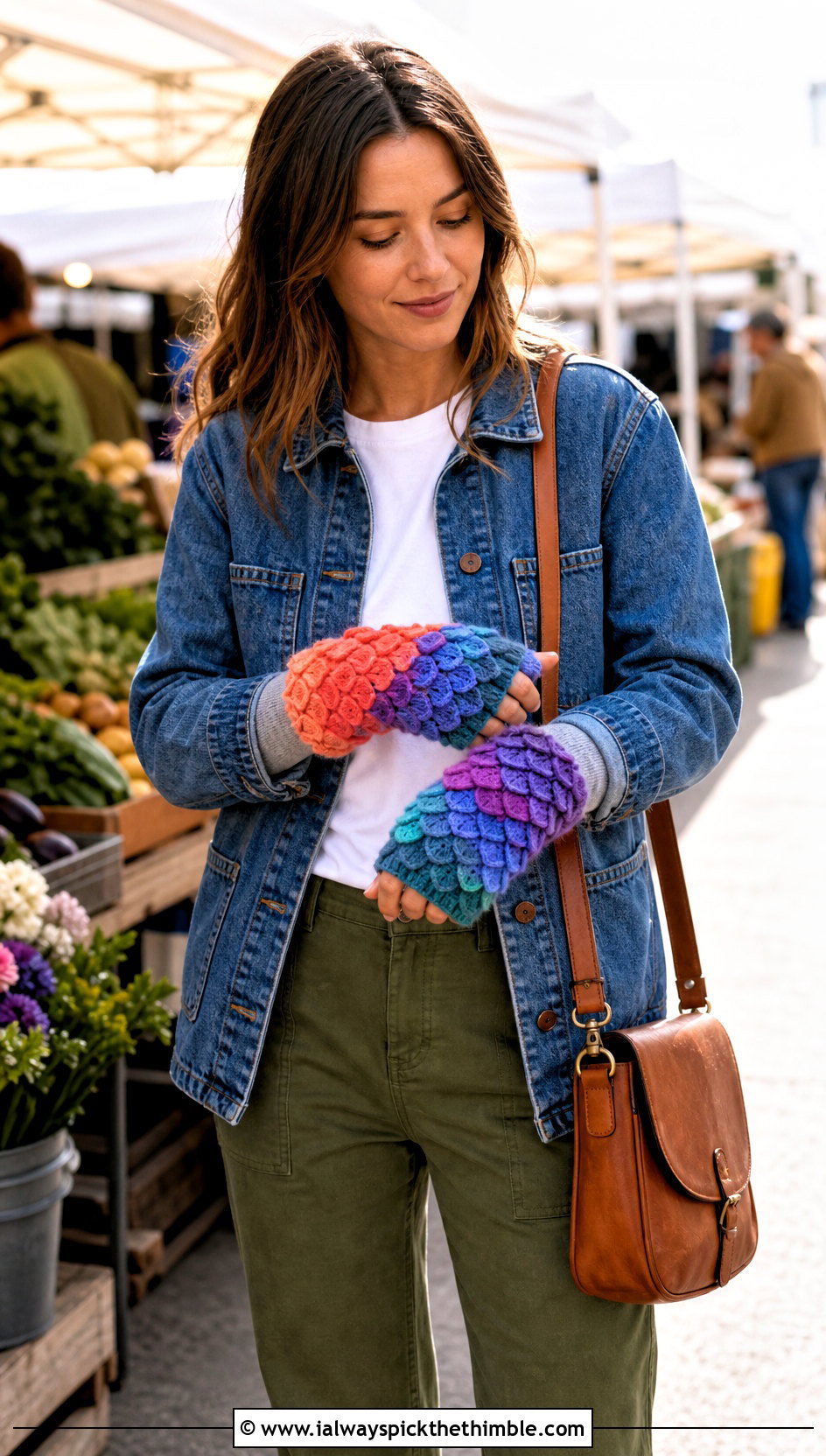 Multicolor Dragon Scale Gloves With Denim Chore Jacket - 20 dragon scale crochet gloves outfit ideas