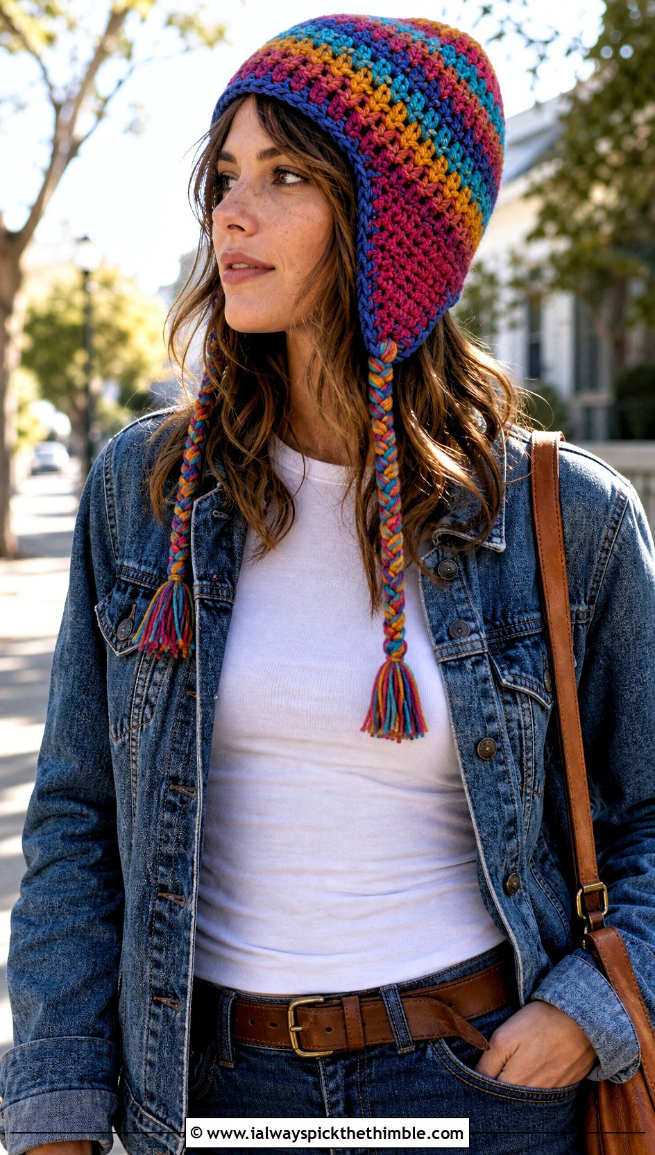 Multicolor Earflap Crochet Beanie With Double Denim - 20 Earflap Crochet Beanie outfit ideas