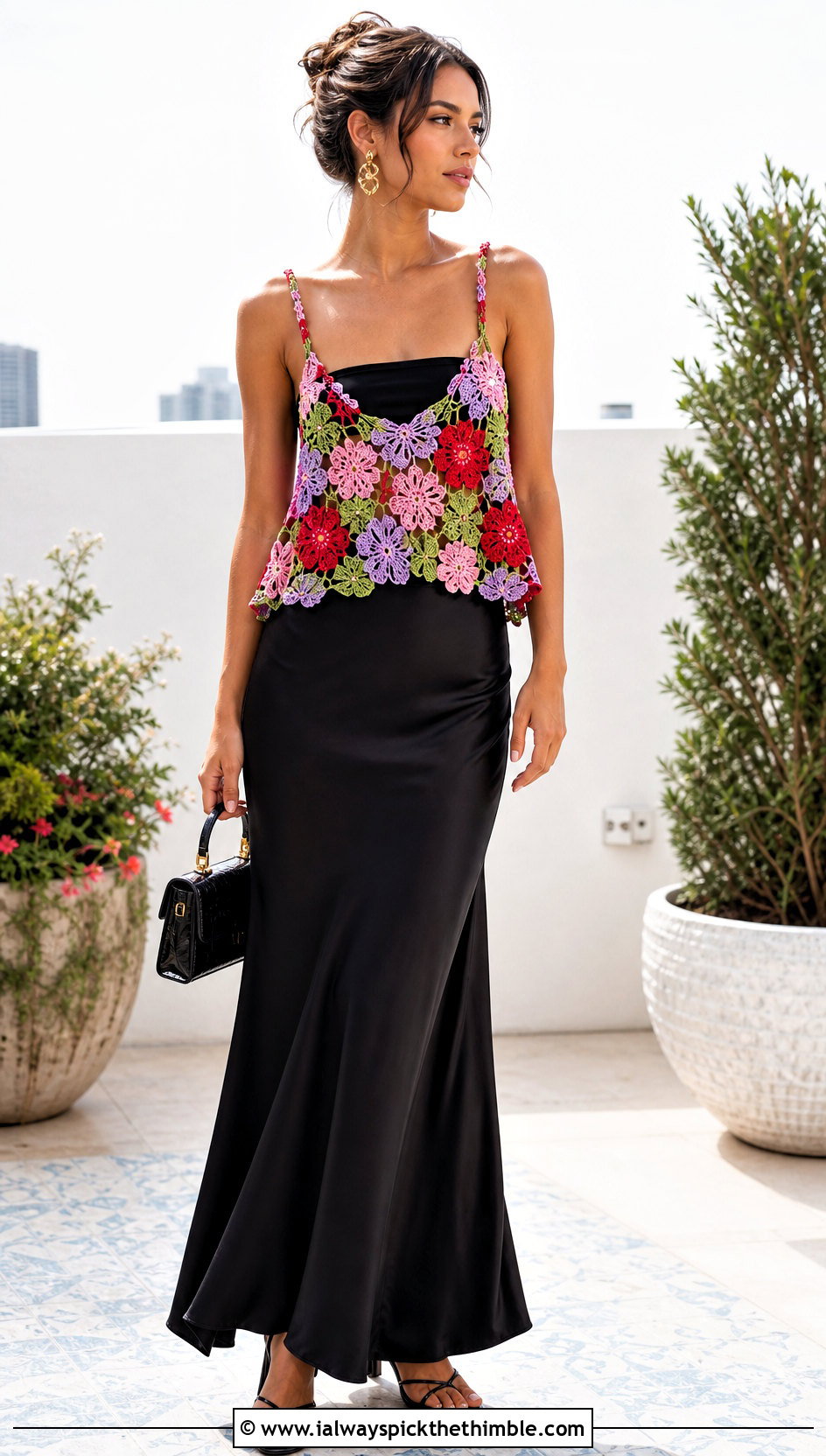 Multicolor Floral Motif Crochet Camisole Top With Satin Maxi Skirt - 20 multi color crochet top outfit ideas