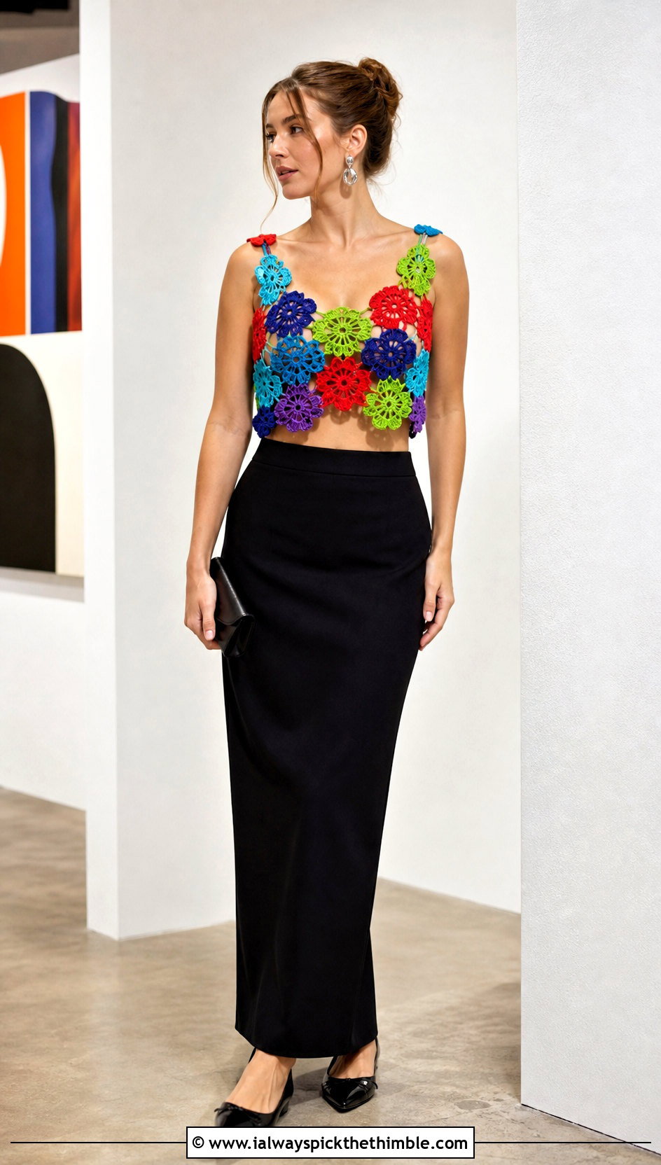 Multicolor Flower Crochet Crop Top With Black Column Skirt - 20 crochet flower crop top outfit ideas