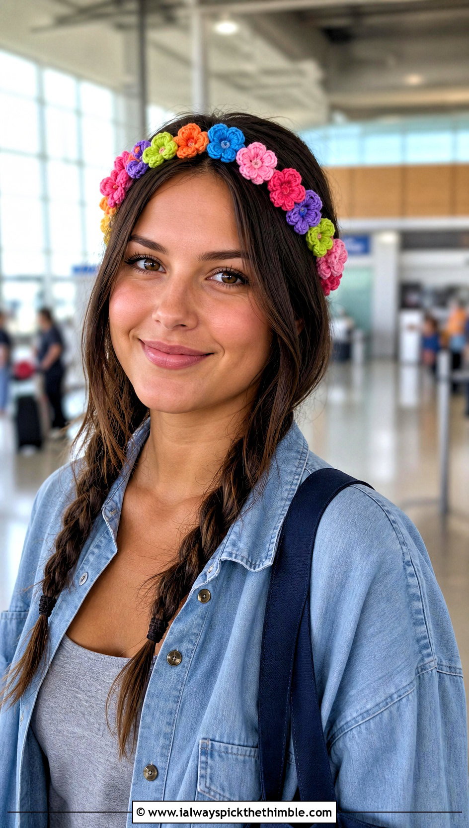 Multicolor Flower Crown Crochet Headband With Elastic And Airport Outfit - 15 crochet flower headband with elastic outfit ideas