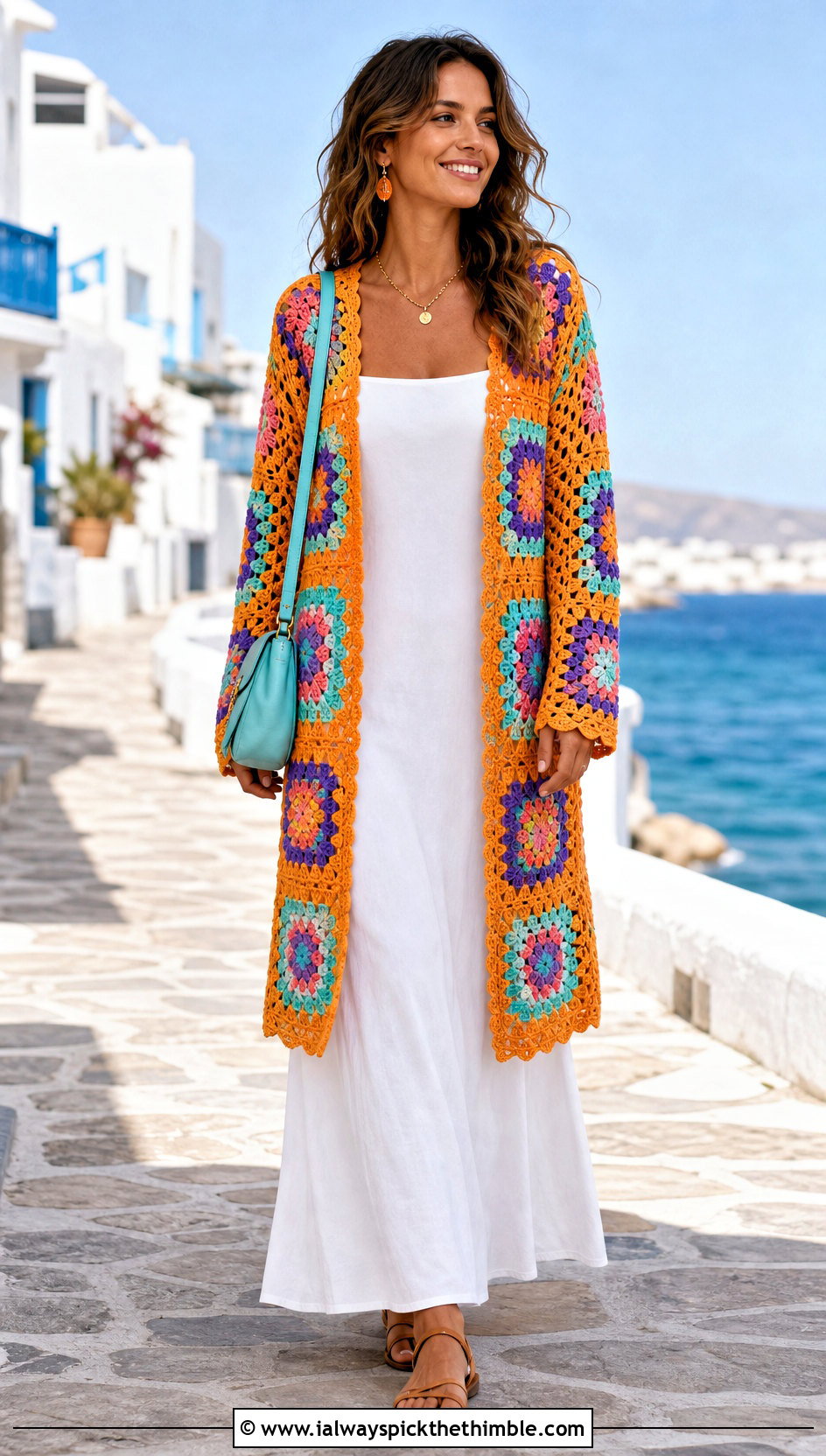 Multicolor Flower Square Cardigan With Maxi Dress - 20 crochet flowers on sweater outfit ideas