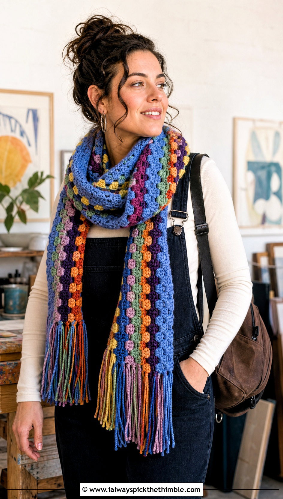 Multicolor Fringe Granny Stitch Crochet Scarf With Overalls - 20 Crochet Scarf Fringe Ideas