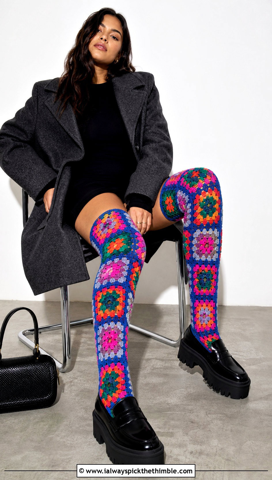 Multicolor Granny Over The Knee Socks With Mini Dress - 20 Crochet Granny Socks outfit ideas
