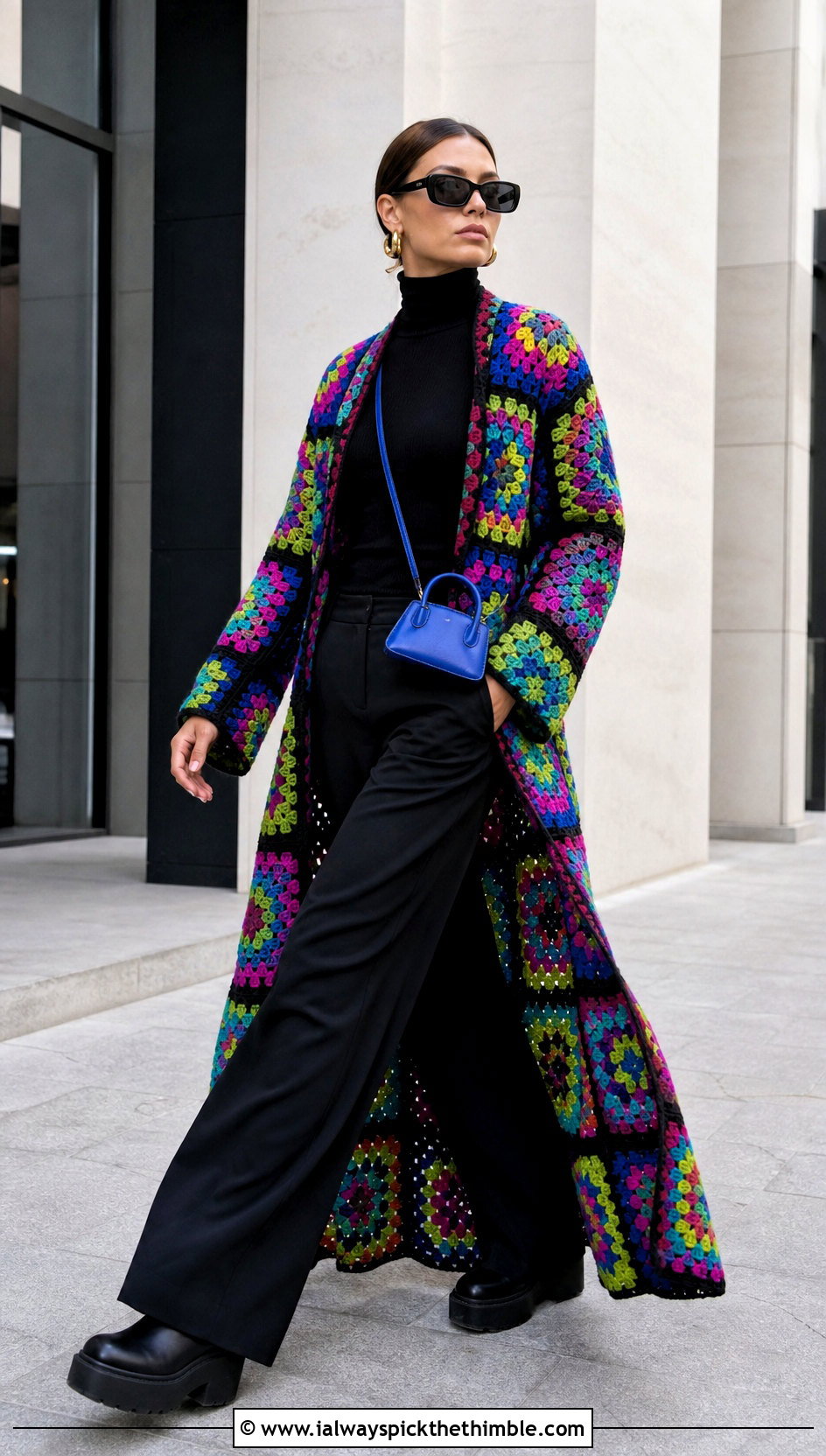 Multicolor Granny Square Afghan Maxi Coat With Monochrome Outfit - 15 crochet granny square afghan style coat cardigan outfit ideas