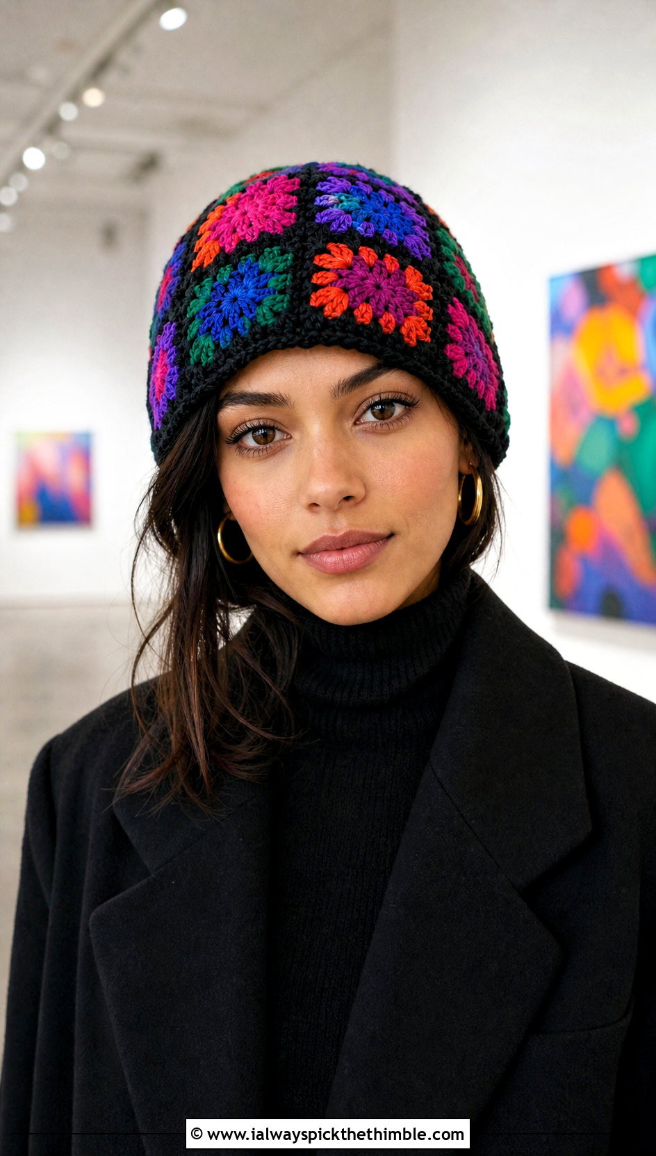 Multicolor Granny Square Beanie With Monochrome Outfit - 25 crochet granny square beanie outfit ideas