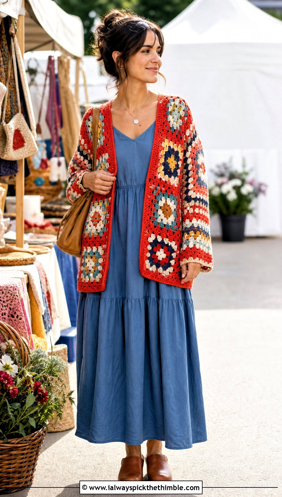 Multicolor Granny Square Cardigan With Tiered Maxi Dress - 15 originally lovely granny square cardigan outfit ideas
