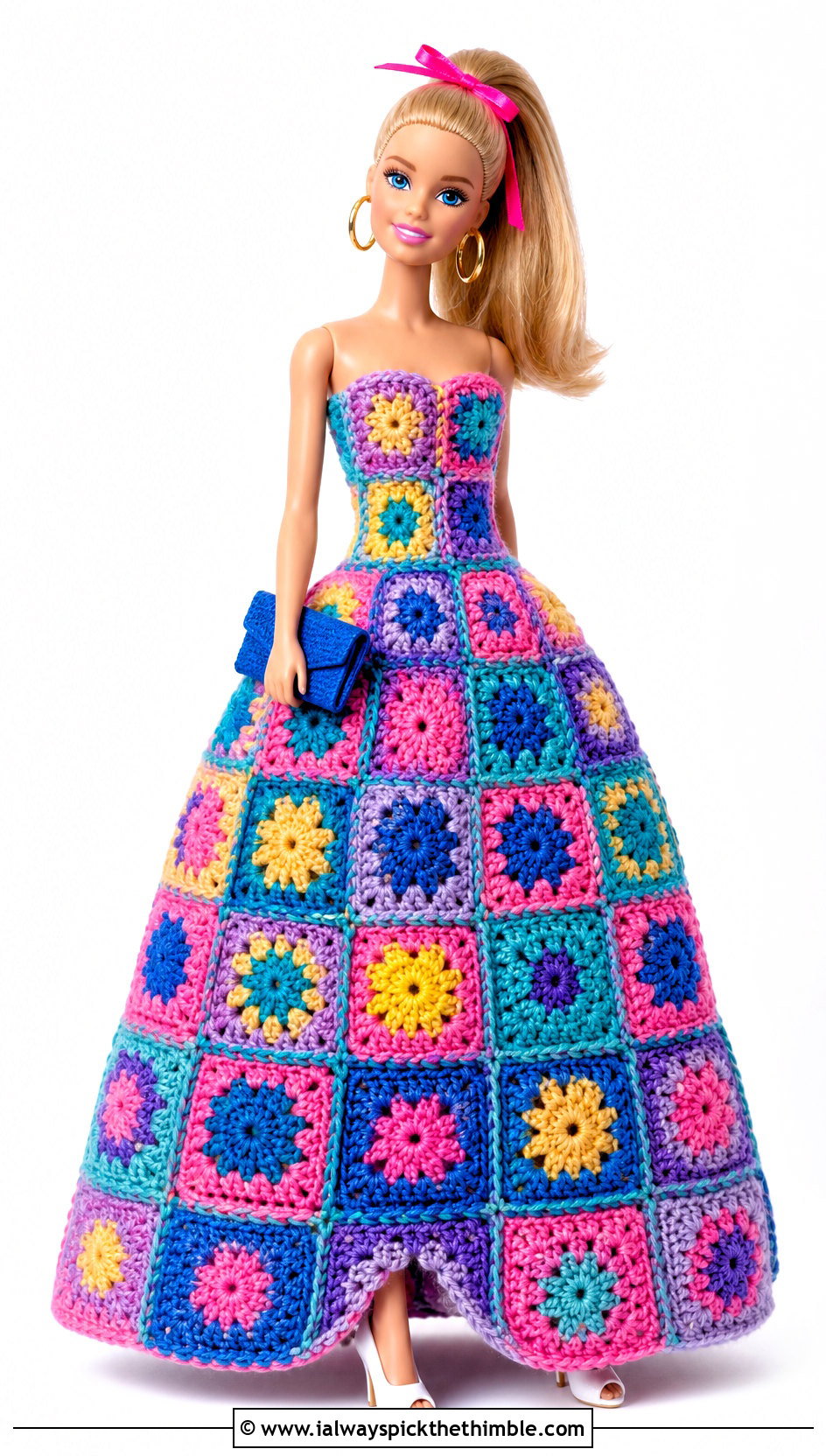 Multicolor Granny Square Crochet Barbie Ball Gown - 20 crochet barbie ball gowns outfit ideas