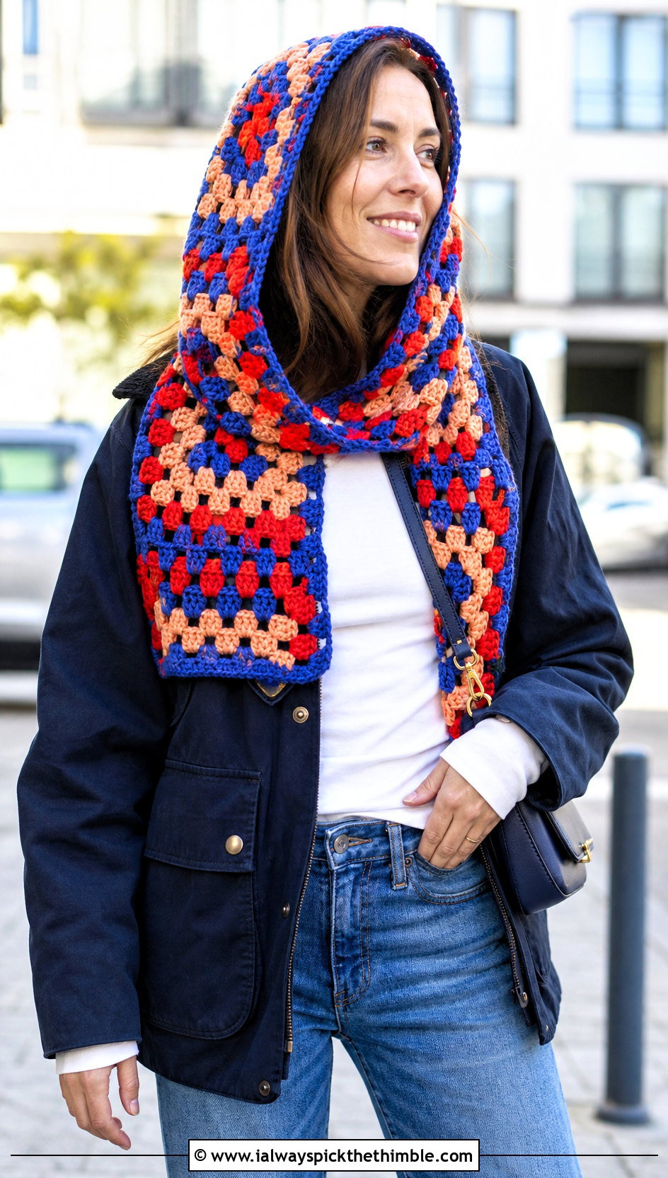 Multicolor Granny Square Crochet Hooded Scarf With Straight Leg Jeans - 20 Granny Square Crochet Hooded Scarf outfit ideas