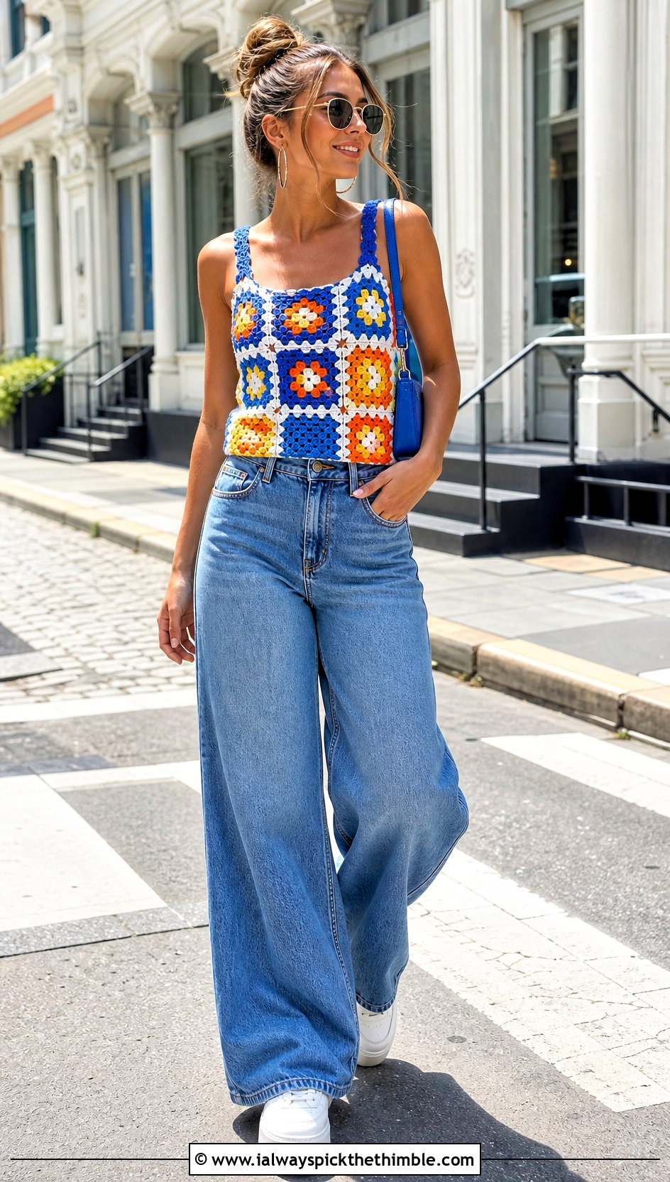 Multicolor Granny Square Crochet Tank With Wide Leg Jeans - 25 multicolor crochet top outfit ideas