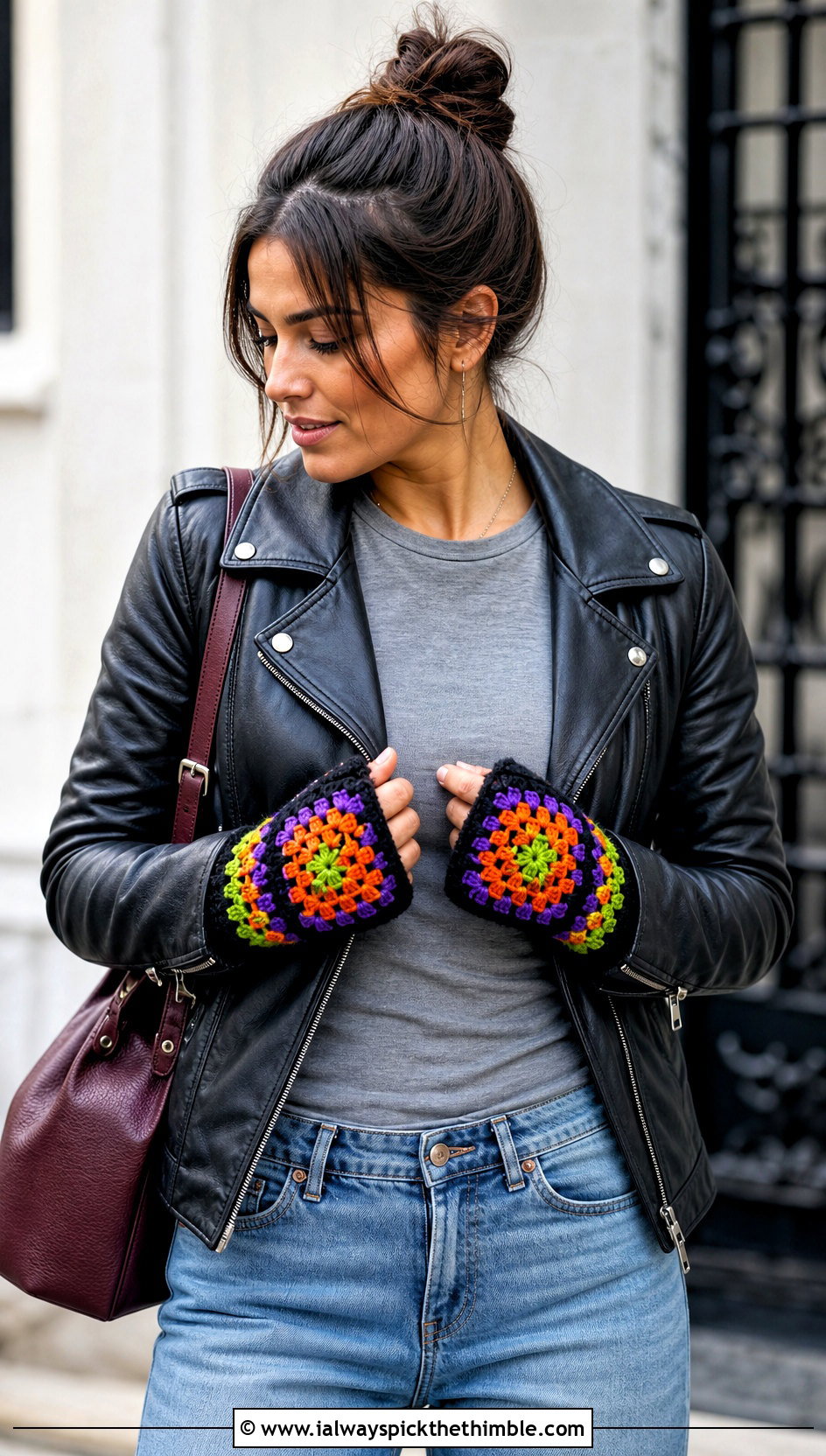 Multicolor Granny Square Fingerless Gloves With Leather Jacket - 25 granny square fingerless gloves outfit ideas