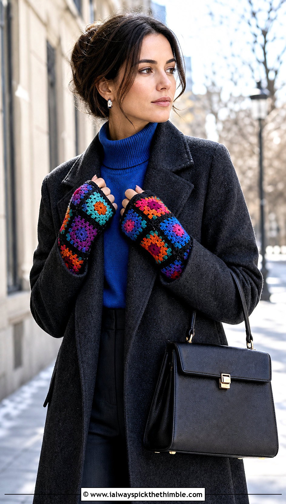 Multicolor Granny Square Fingerless Gloves With Wool Coat - 20 crochet granny square fingerless gloves outfit ideas