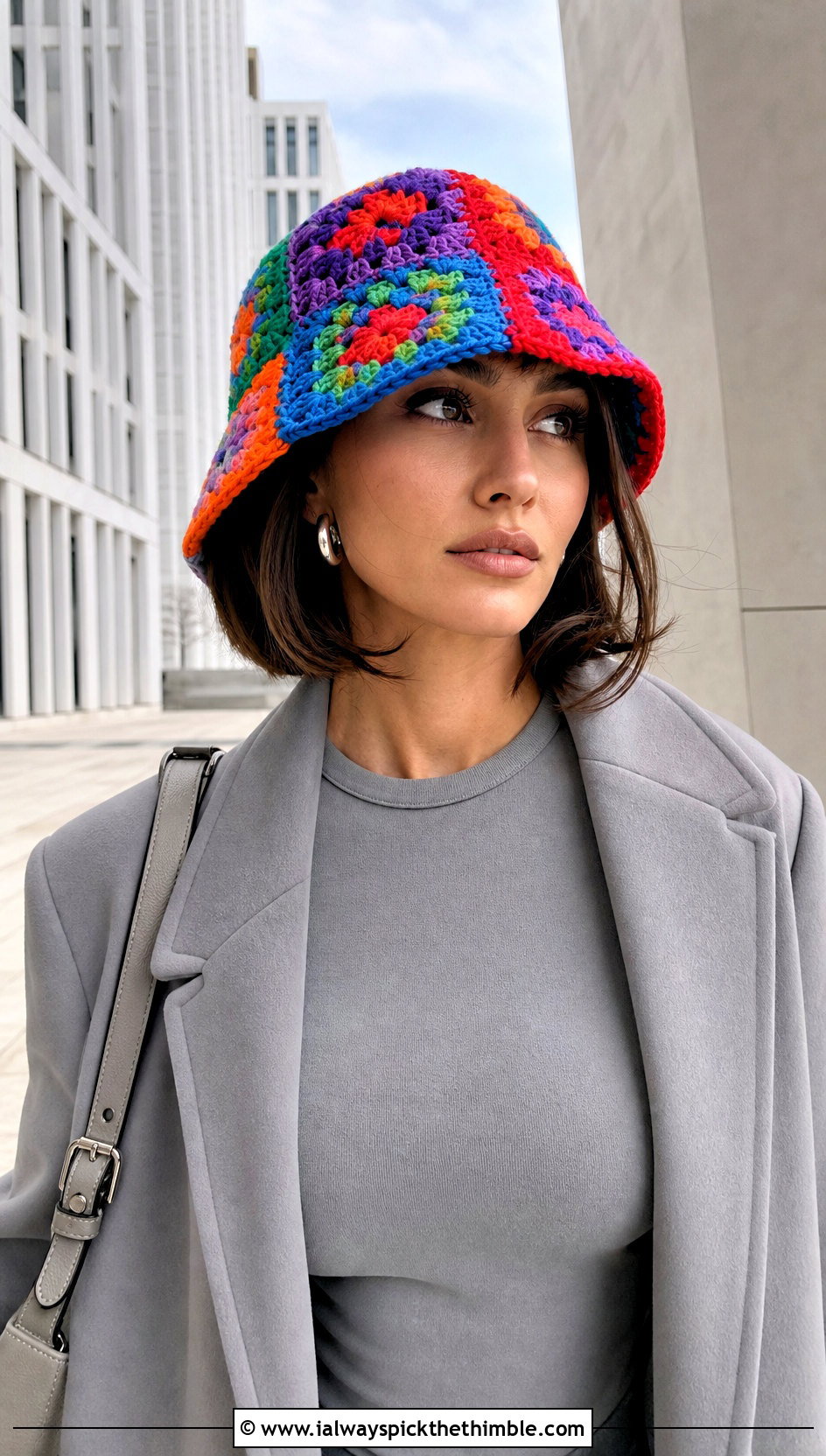 Multicolor Granny Square Hat With Monochrome Outfit - 20 Easy Crochet Granny Square Hats outfit ideas