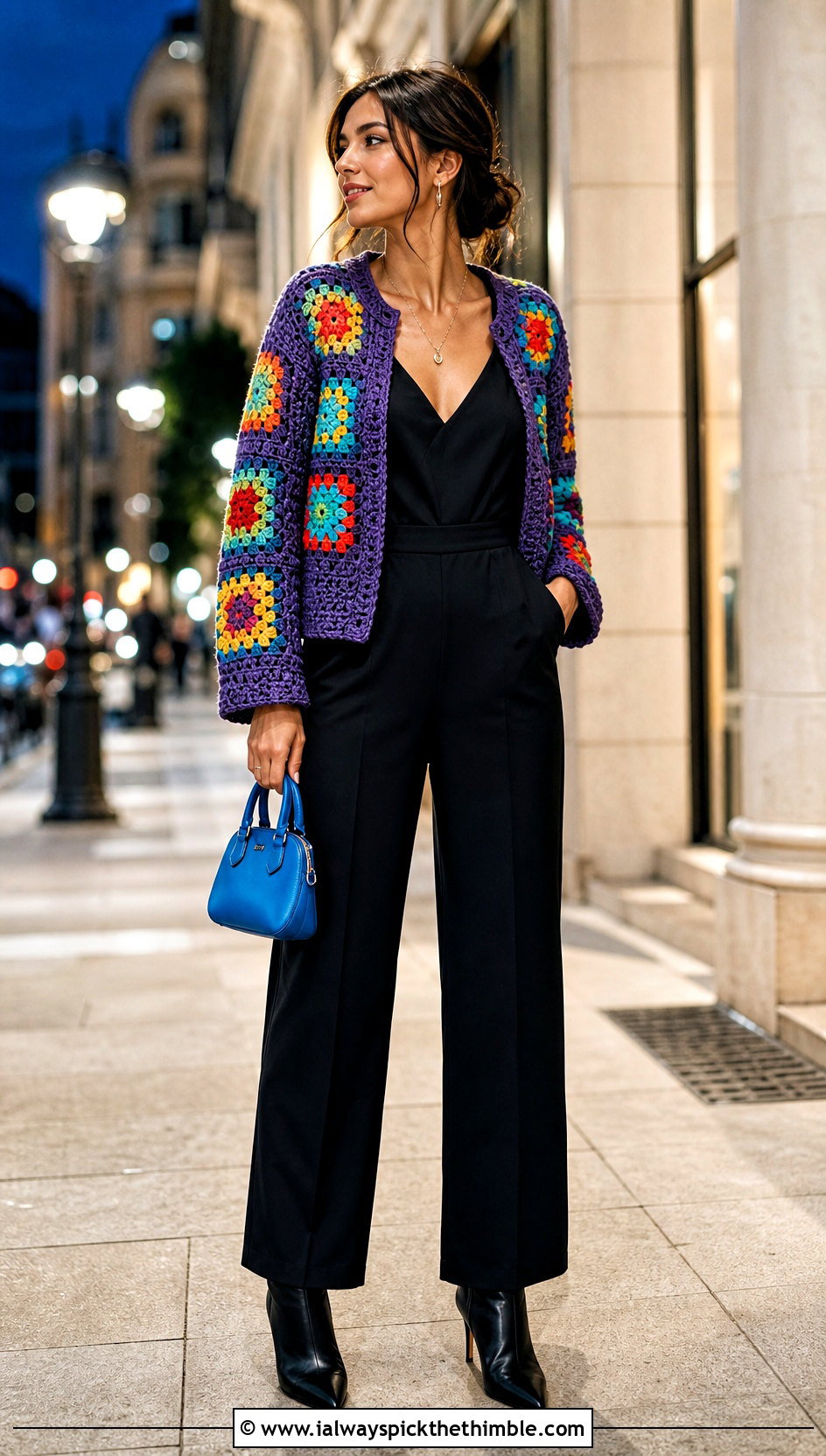 Multicolor Granny Square Jacket With Black Jumpsuit - 25 granny square jacket outfit ideas