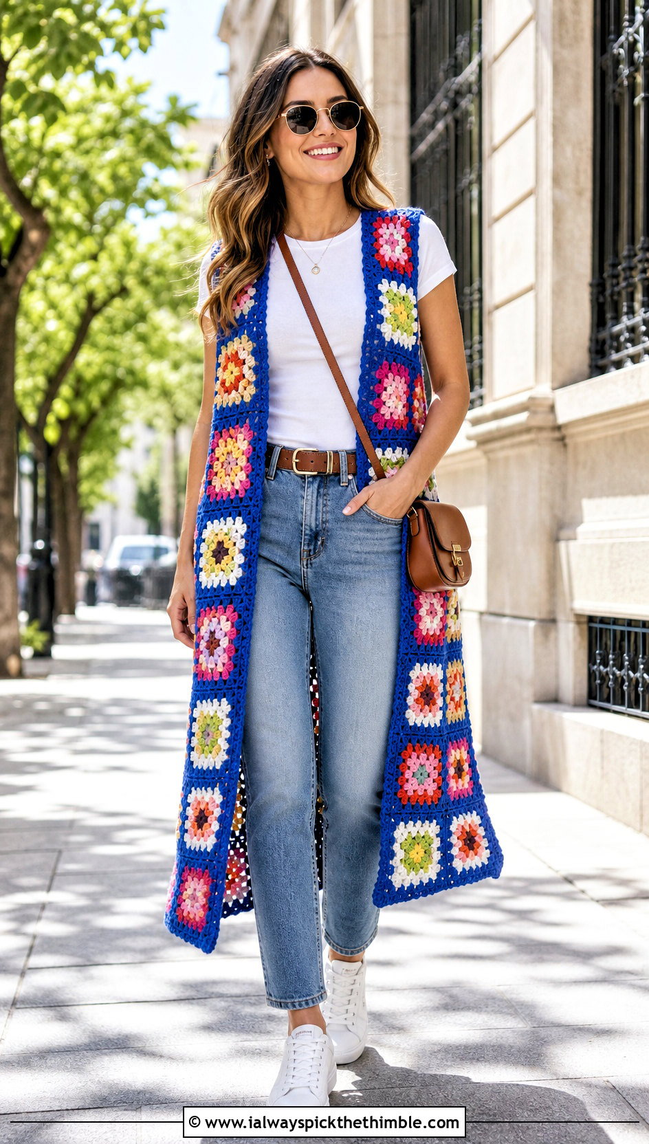 Multicolor Granny Square Long Vest With White Tee And Straight Jeans - 20 Granny Square Long Vest outfit ideas