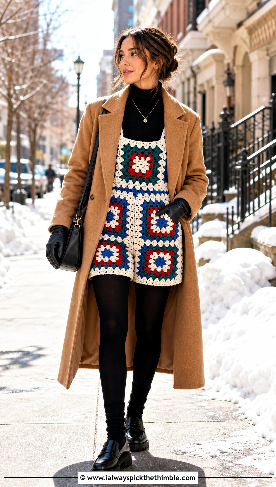 Multicolor Granny Square Romper With Wool Coat - 20 crochet granny square romper outfit ideas