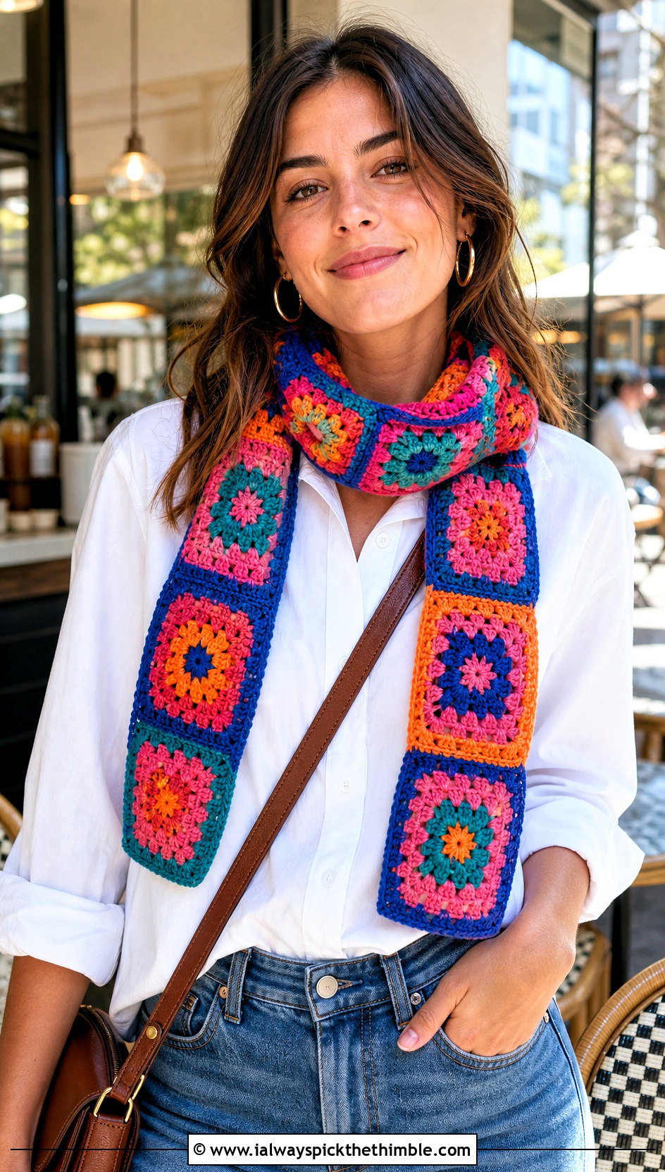 Multicolor Granny Square Scarf With White Shirt And Jeans - 25 granny crochet scarf outfit ideas
