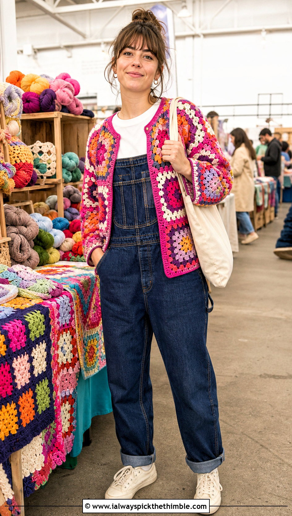 Multicolor Granny Square Tie Cardigan With Denim Overalls - 20 Granny Square Tie Cardigan outfit ideas