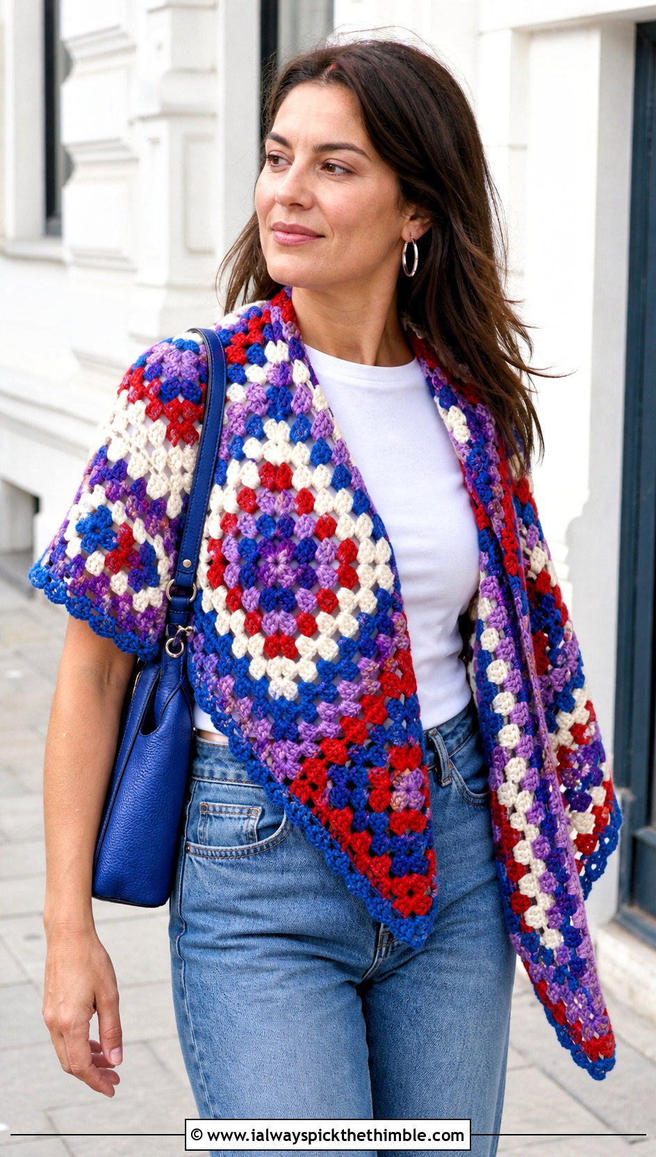 Multicolor Granny Square Triangle Shawl With White T Shirt And Jeans - 20 granny square triangle shawl outfit ideas