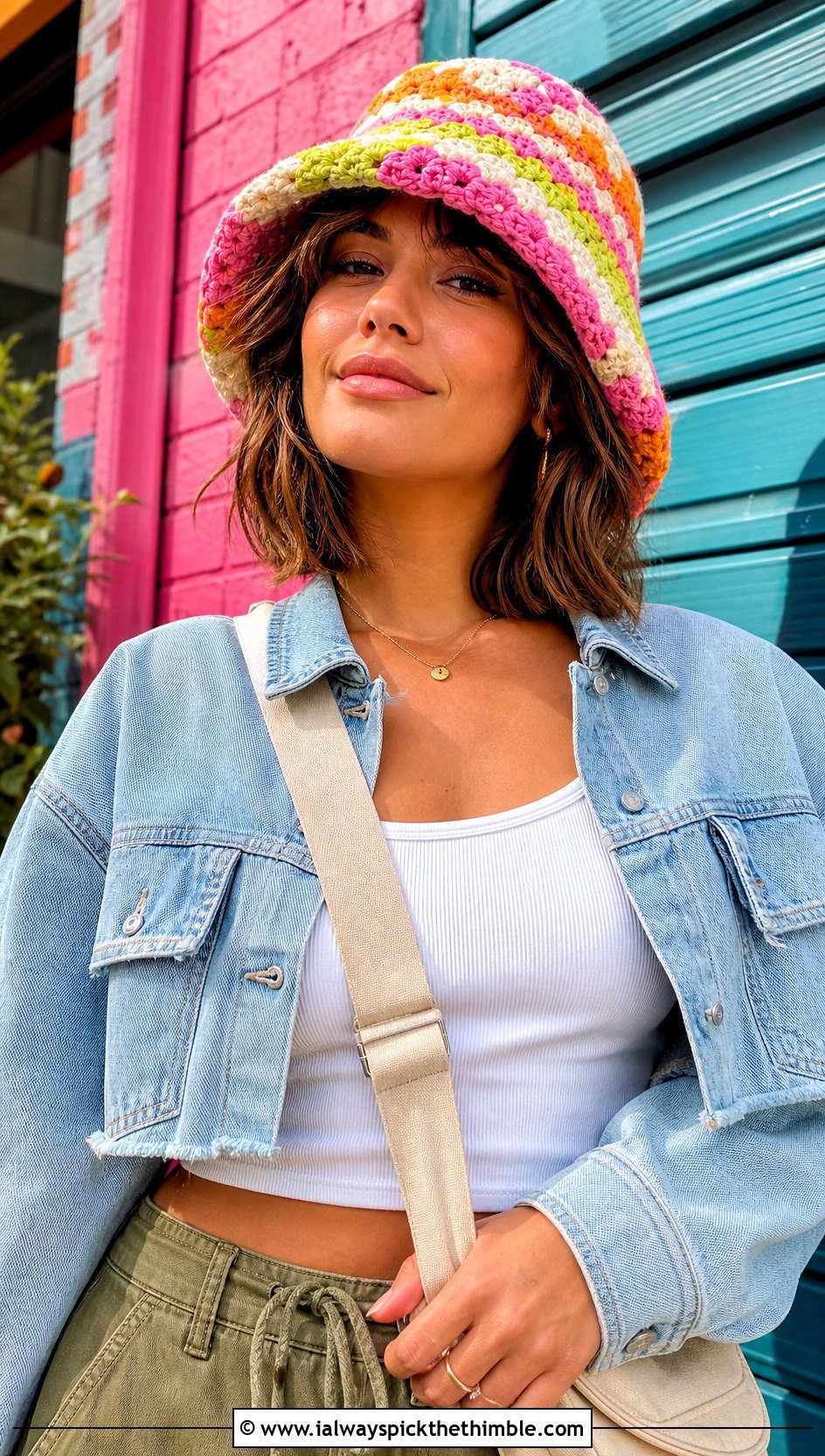 Multicolor Granny Stitch Bucket Hat With Denim Jacket And Cargo Pants - 20 crochet granny stitch bucket hat outfit ideas