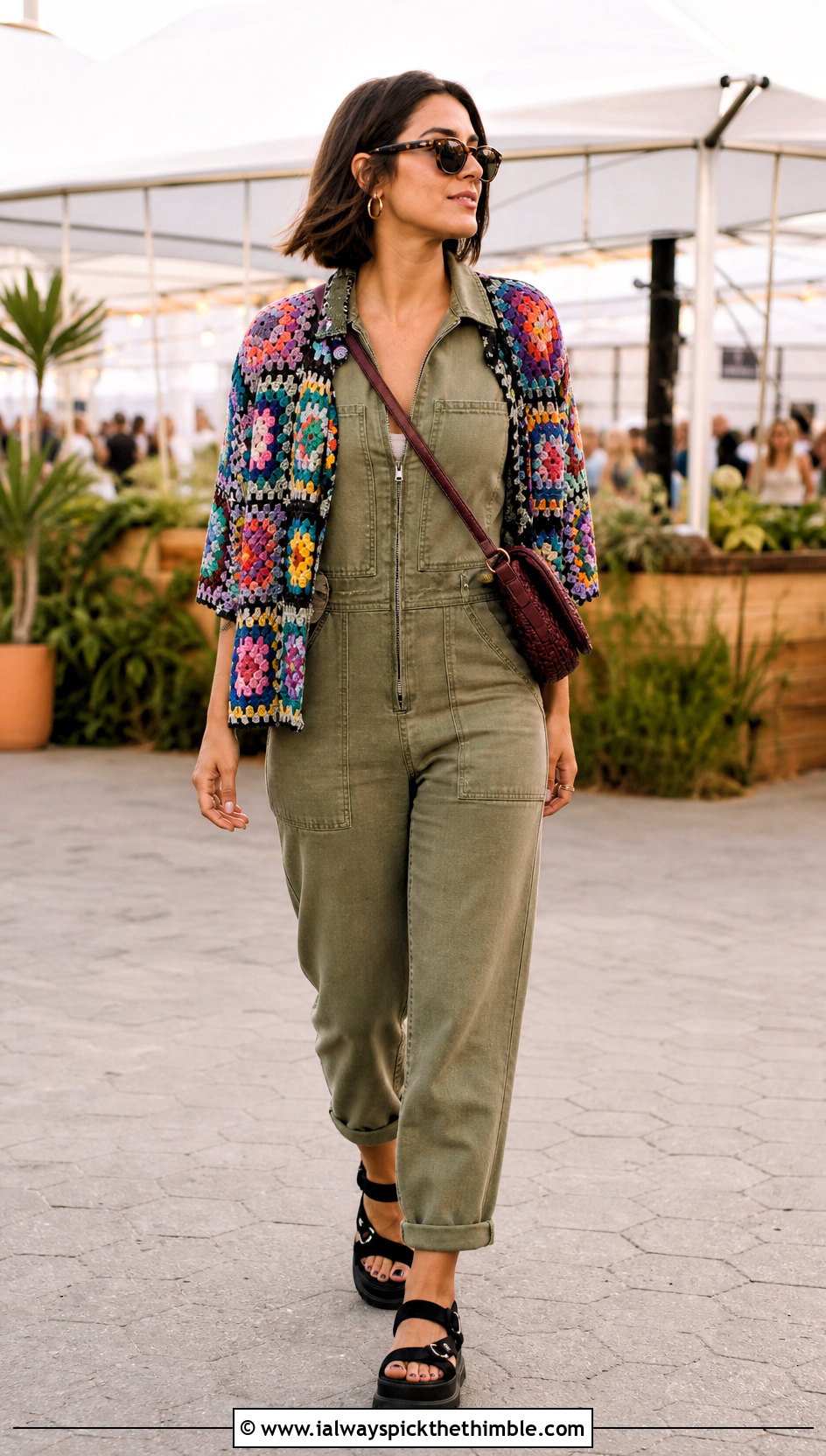 Multicolor Granny Stitch Stussy Crochet Shirt With Utility Jumpsuit - 15 stussy crochet shirt outfit ideas