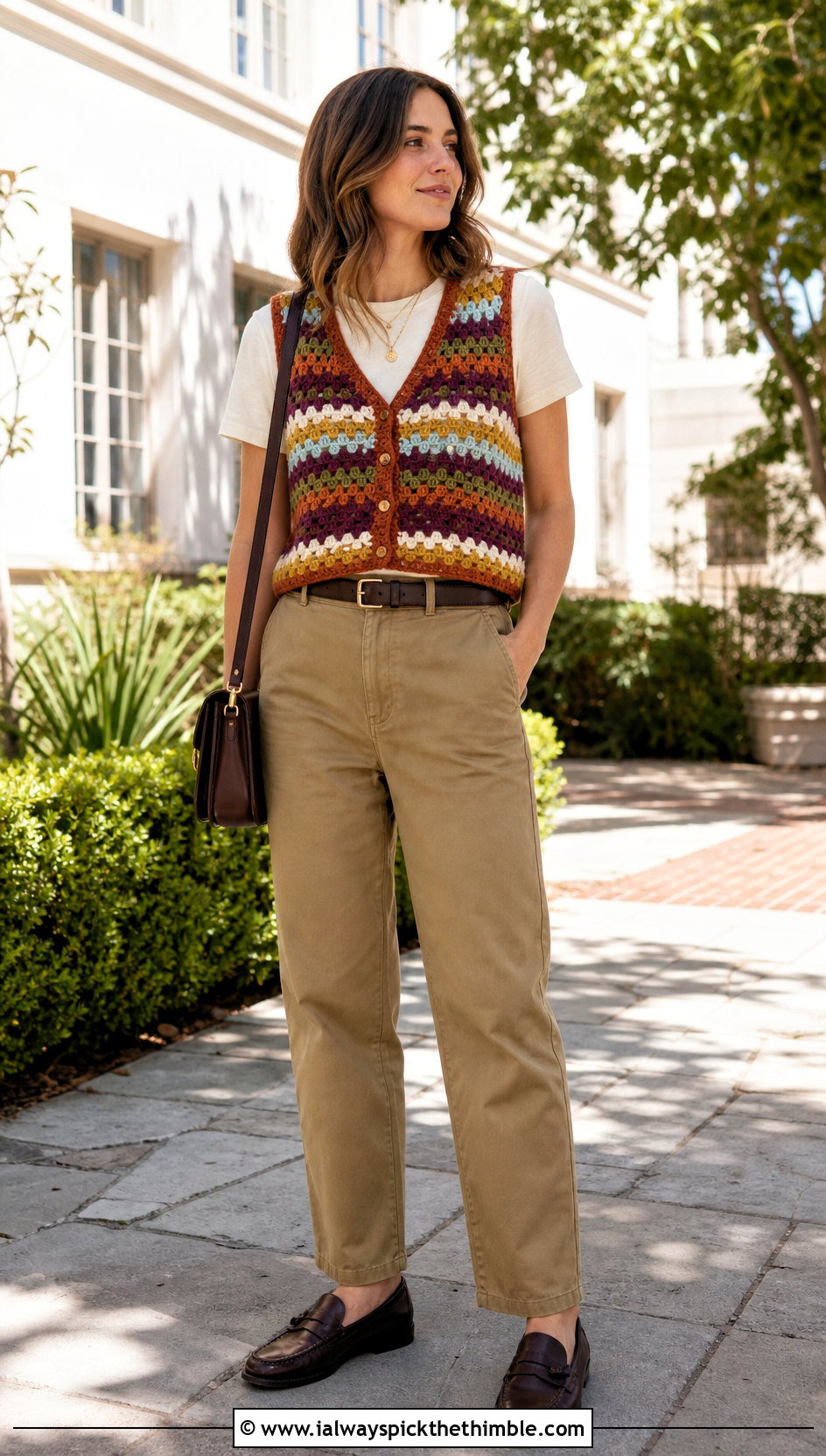 Multicolor Granny Stripe Crochet Waistcoat Top With Chinos - 20 multi color crochet top outfit ideas