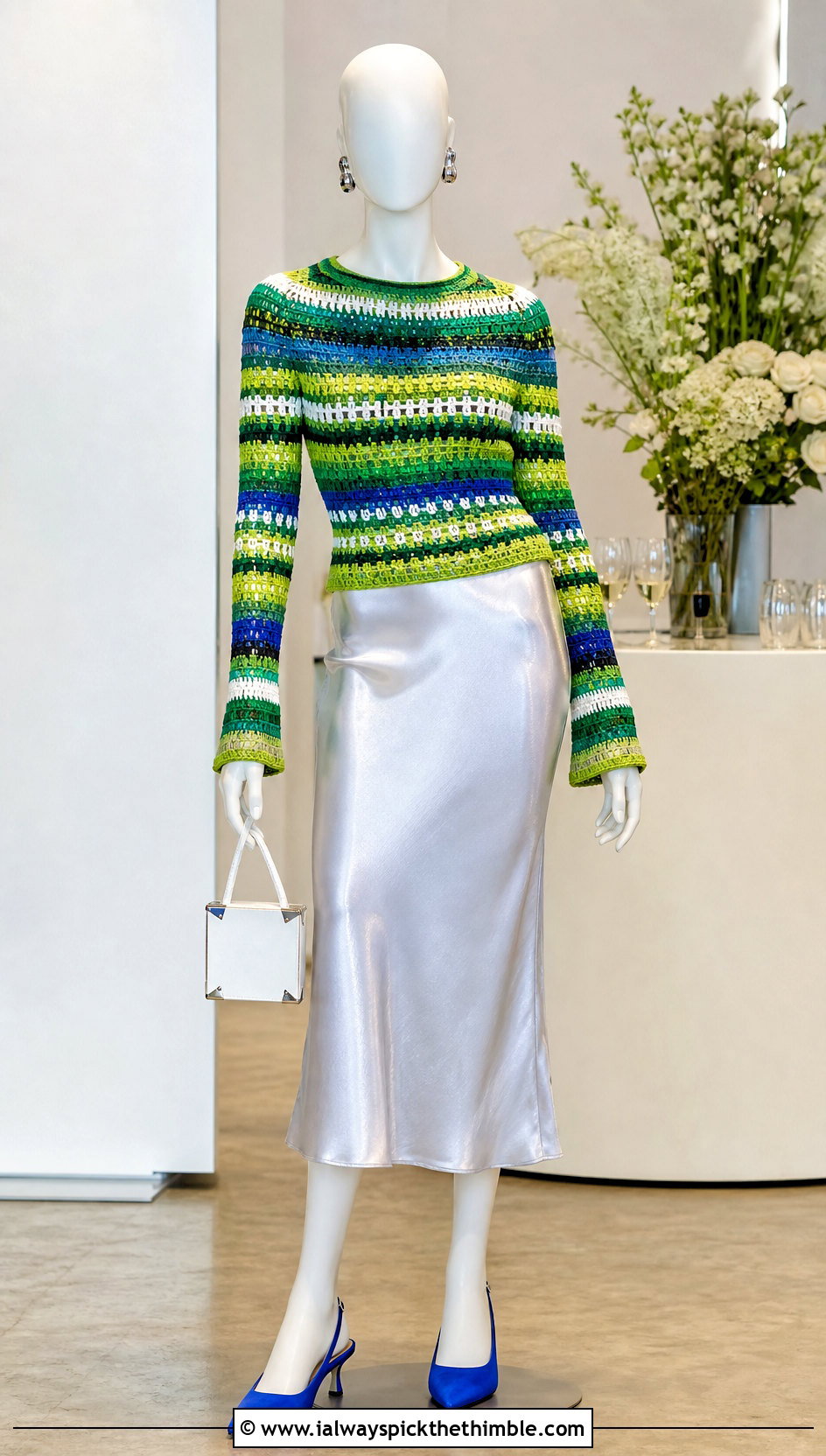 Multicolor Green Striped Crochet Sweater With Silver Midi Skirt - 15 Green Crochet Sweater On Mannequin outfit ideas