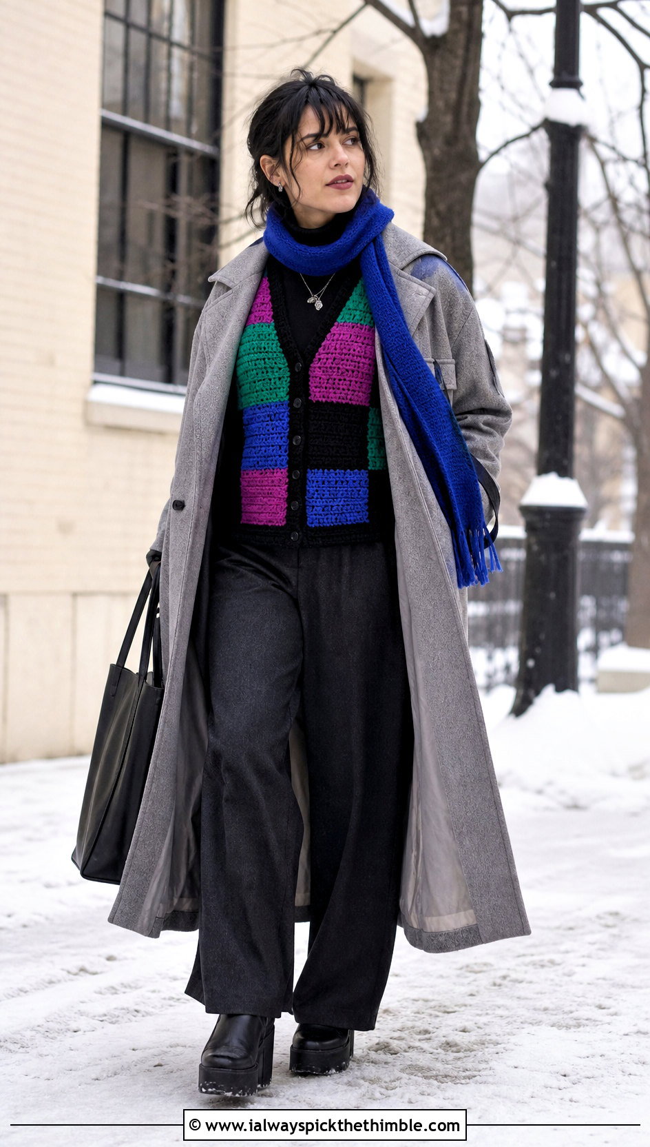 Multicolor Jewel Tone Wednesday Addams Vest With Winter Coat - 15 Crochet Wednesday Addams Vest outfit ideas