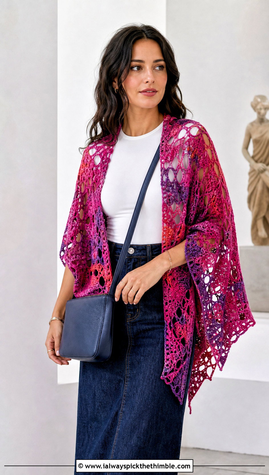 Multicolor Lost Souls Shawl With Denim Midi Skirt - 25 crochet lost souls shawl outfit ideas