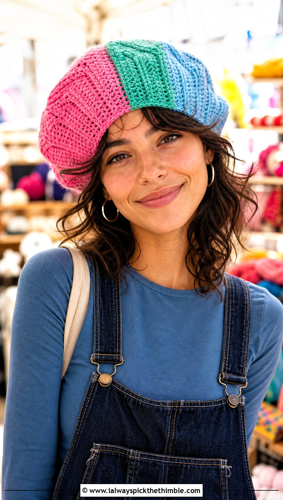 Multicolor Magnolia Crochet Beret With Denim Overalls - 15 magnolia crochet beret outfit ideas