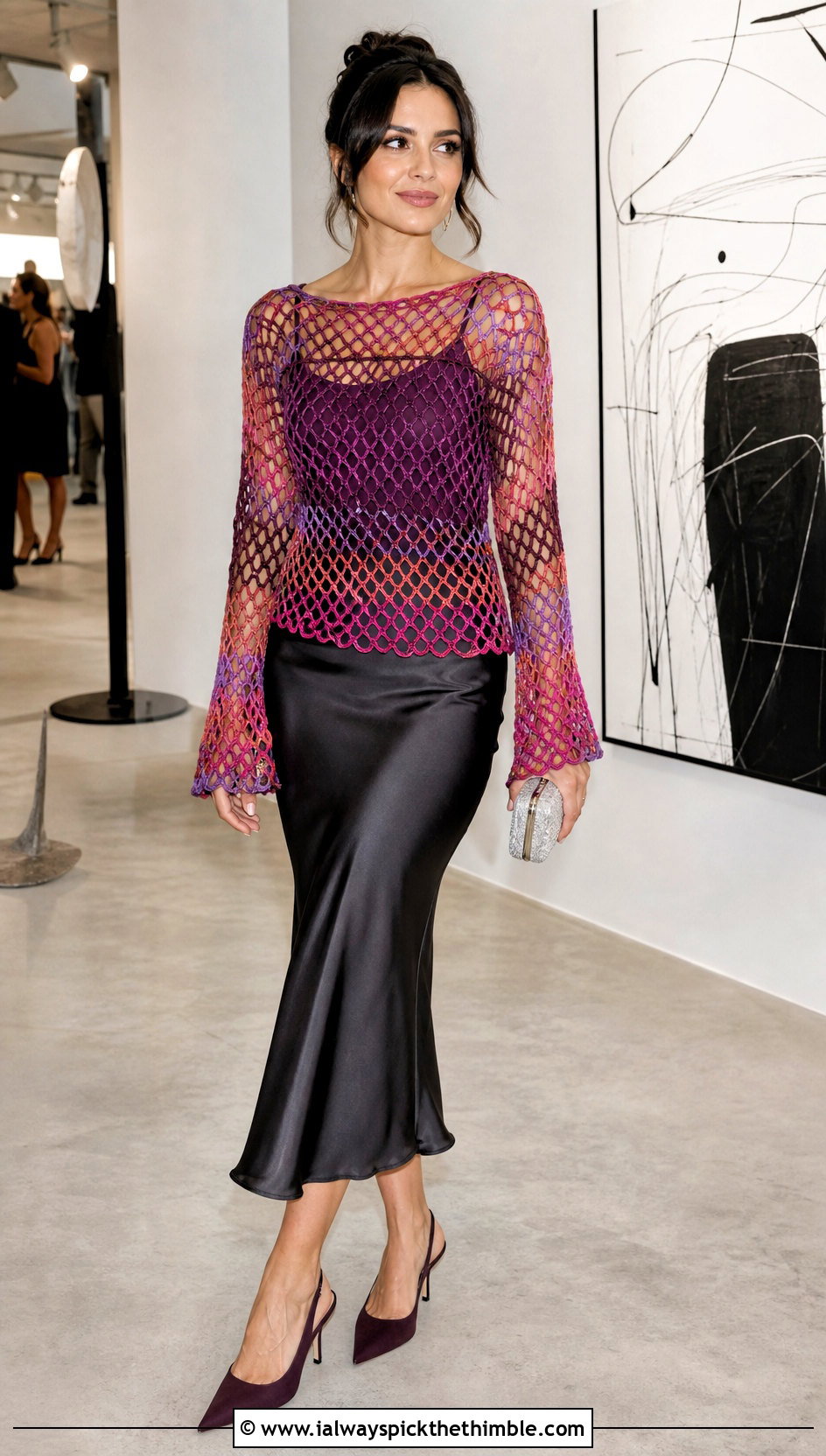 Multicolor Mesh Crochet Long Sleeve Top With Satin Skirt - 20 multi color crochet top outfit ideas