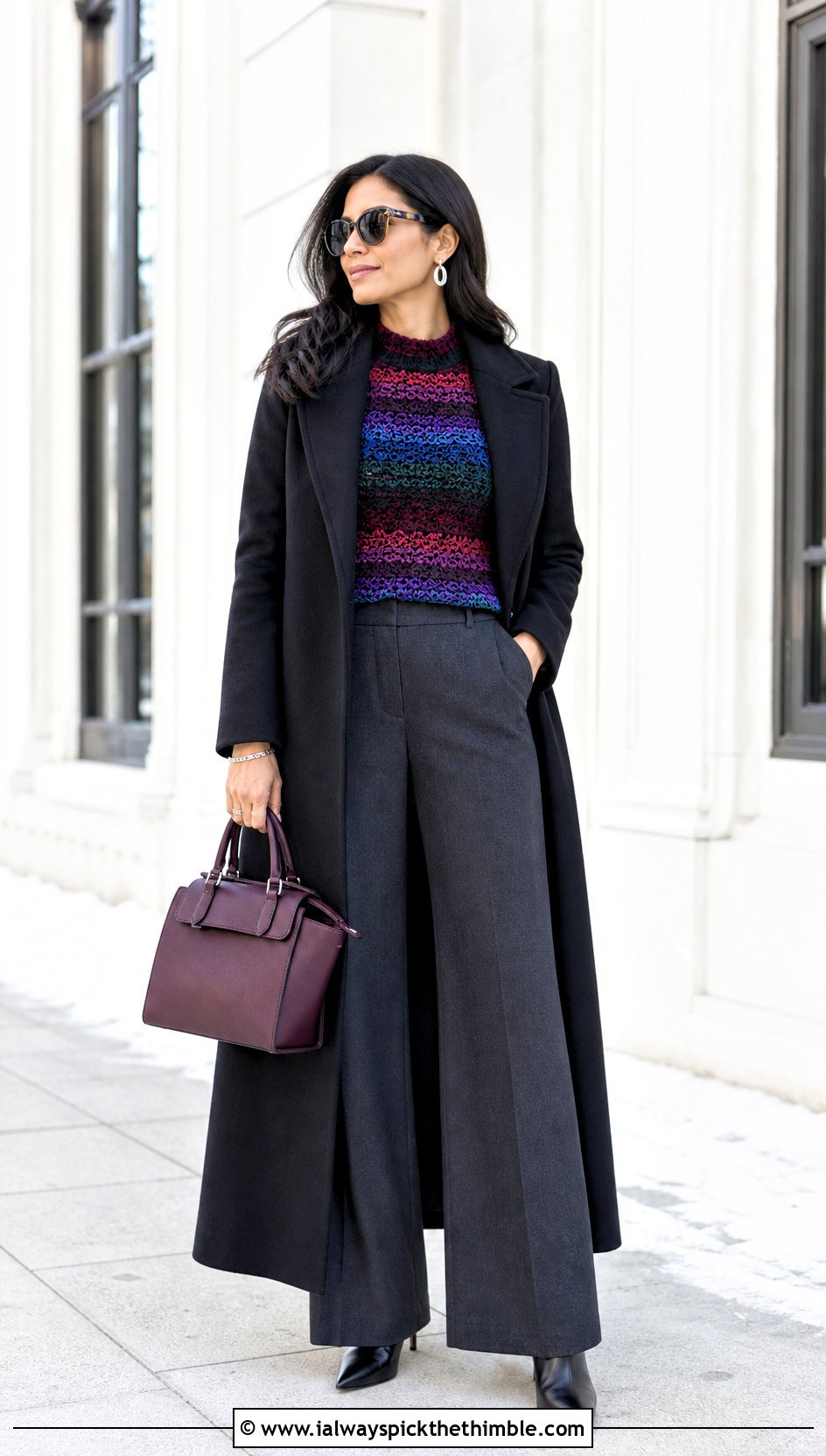 Multicolor Mock Neck Crochet Top With Wool Trousers - 25 multicolor crochet top outfit ideas