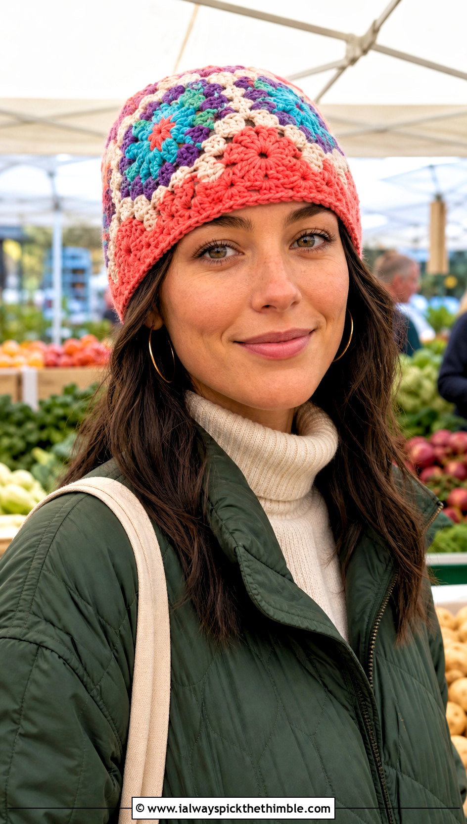 Multicolor Mosaic Crochet Beanie With Quilted Jacket - 20 Mosaic Crochet Beanie outfit ideas